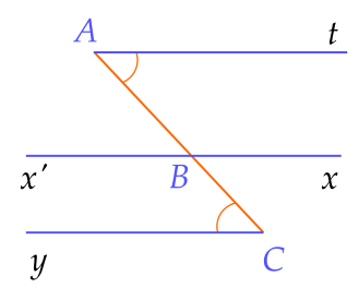 Cho hình vẽ, biết $\widehat{A}=45^\circ,\,\widehat{ABx}=135^\circ,\,\widehat{C}=45^\circ$