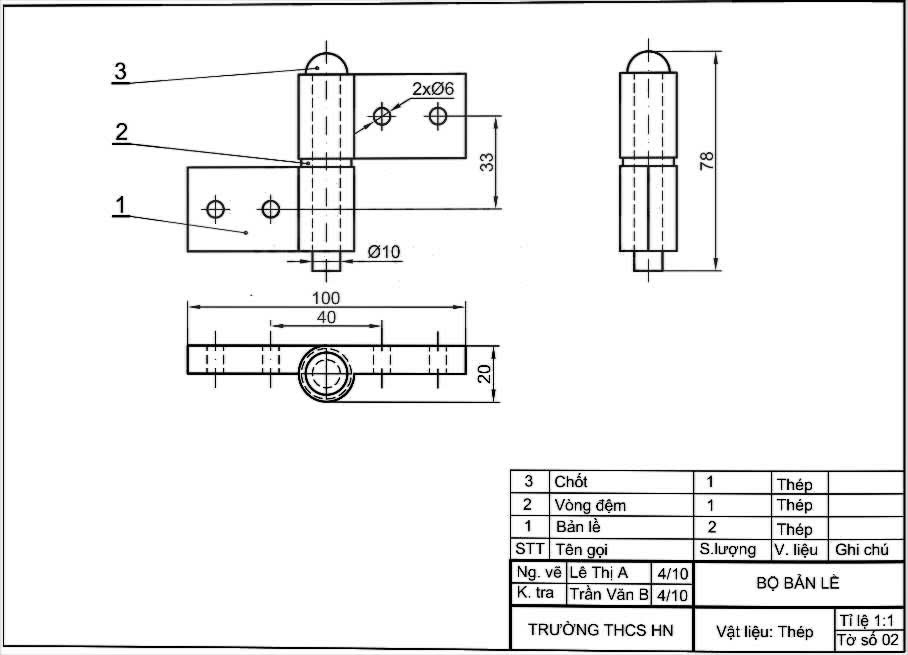 Công nghệ 8, Bản vẽ lắp của bộ bản lề