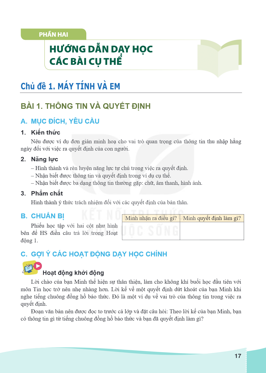 BÀI 1. THÔNG TIN VÀ QUYẾT ĐỊNH A MỤC ĐÍCH, YÊU CẦU 1. Kiến thức Nêu được ví dụ đơn giản minh hoạ cho vai trò quan trọng của thông tin thu nhập hằng ngày đối với