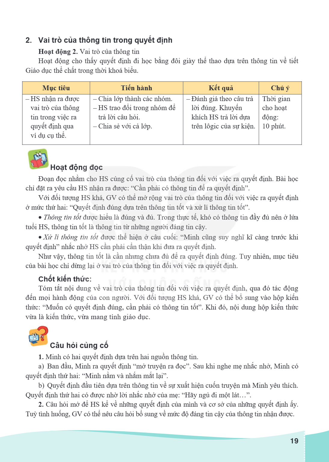 2. Vai trò của thông tin trong quyết định Hoạt động 2. Vai trò của thông tin Hoạt động cho thấy quyết định đi học bằng đôi giày thể thao dựa trên thông tin về t