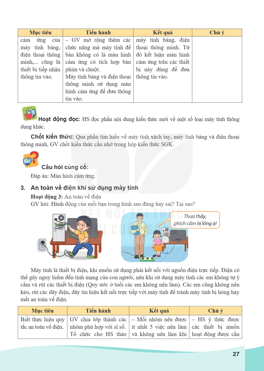 Mục tiêu Tiến hành Kết quả Chú ý cảm ứng của - GV mở rộng thêm các máy tính bảng, điện máy tính bảng, chức năng mà máy tính để thoại thông minh. Từ điện thoại t