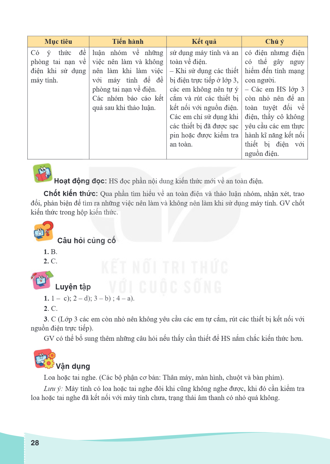 Mục tiêu, Tiến hành, Kết quả, Chú ý Có ý thức đề phòng tai nạn về điện khi sử dụng máy tính., luận nhóm về những việc nên làm và không nên làm khi làm việc với 