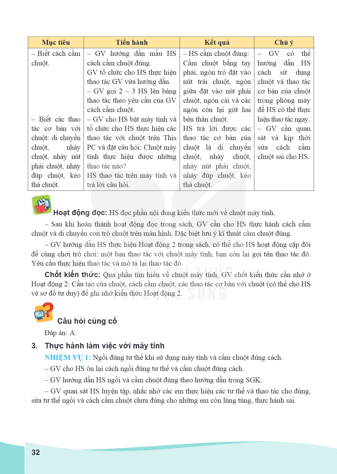Mục tiêu, Tiến hành, Kết quả, Chú ý – Biết cách cầm chuột., – GV hướng dẫn mẫu HS cách cầm chuột đúng. GV tổ chức cho HS thực hiện thao tác GV vừa hướng dẫn. – 