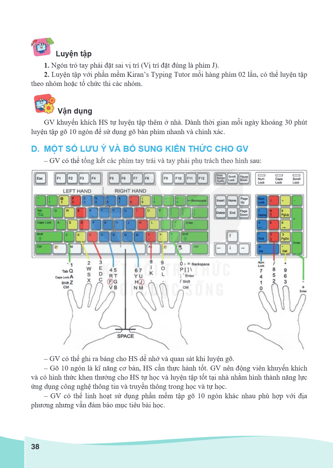 Luyện tập 1. Ngón trỏ tay phải đặt sai vị trí (Vị trí đặt đúng là phím J). Luyện tập với phần mềm Kiran's Typing Tutor mỗi hàng phím 02 lần, có thể luyện tập th