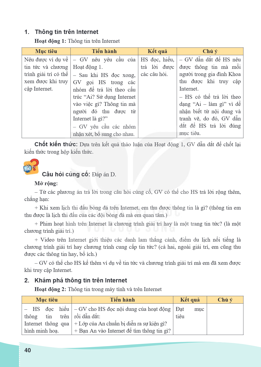 1. Thông tin trên Internet Hoạt động 1: Thông tin trên Internet Mục tiêu, Tiến hành, Kết quả, Chú ý Nêu được ví dụ về tin tức và chương trình giải trí có thể xe