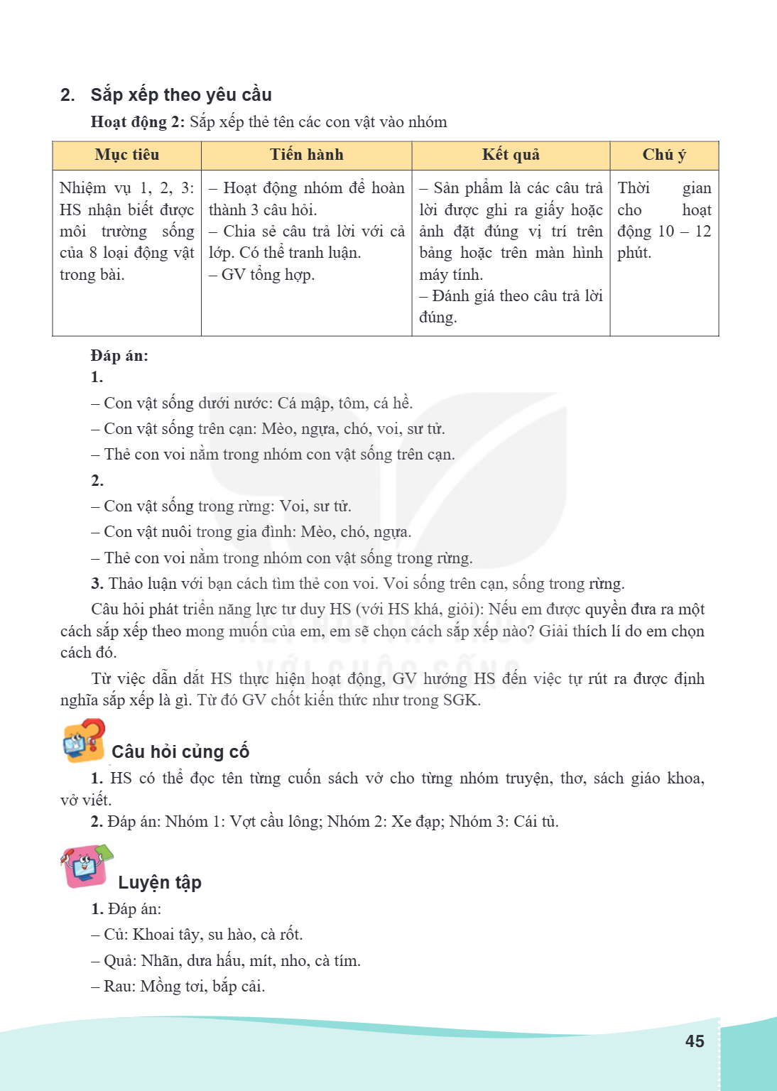 2. Sắp xếp theo yêu cầu Hoạt động 2: Sắp xếp thẻ tên các con vật vào nhóm Mục tiêu, Tiến hành, Kết quả, Chú ý Nhiệm vụ 1, 2, 3: HS nhận biết được môi trường sốn