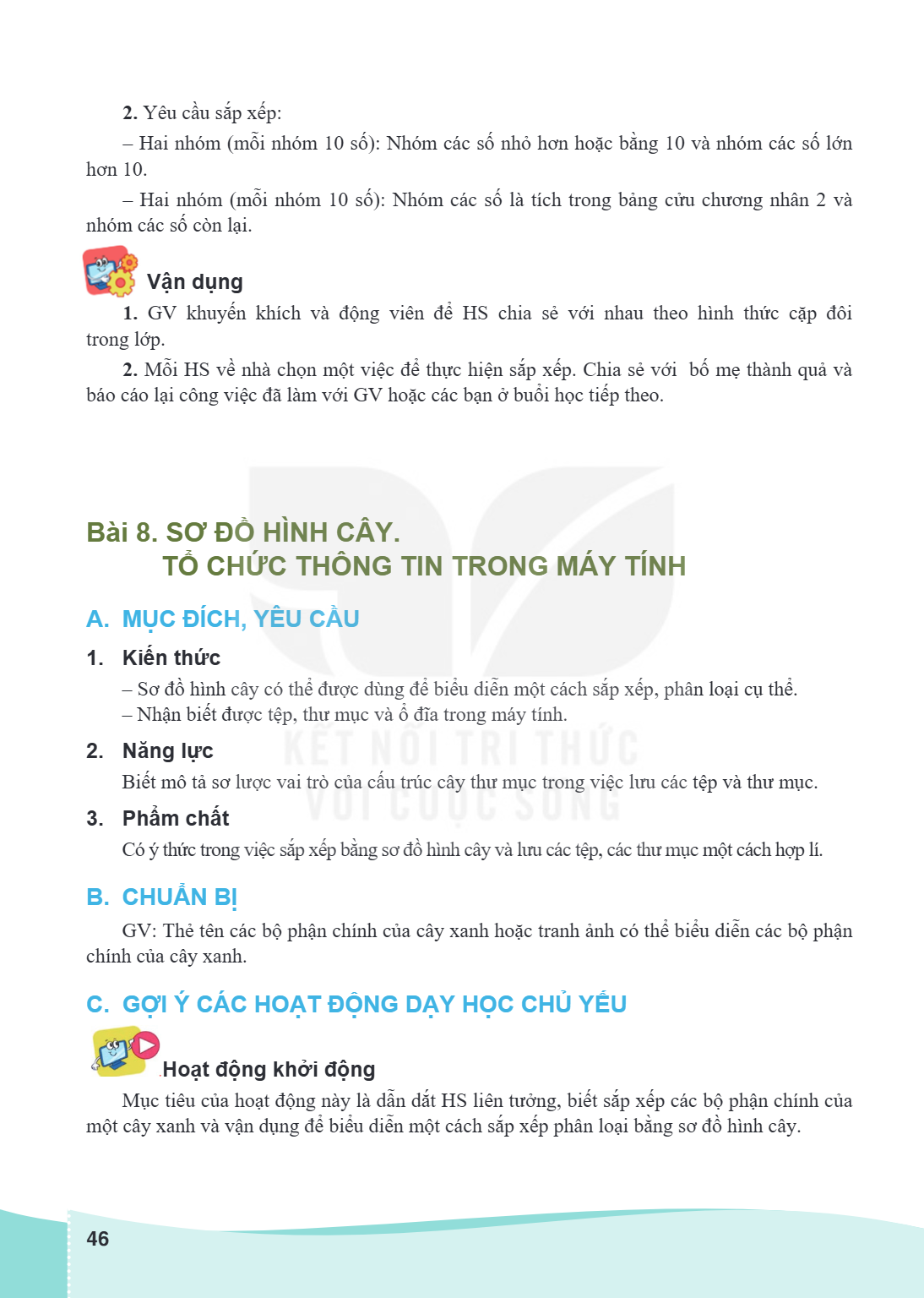 Bài 8. Sơ đồ hình cây. Tổ chức thông tin trong máy tính A. MỤC ĐÍCH, YÊU CẦU 1. Kiến thức – Sơ đồ hình cây có thể được dùng để biểu diễn một cách sắp xếp, phân 