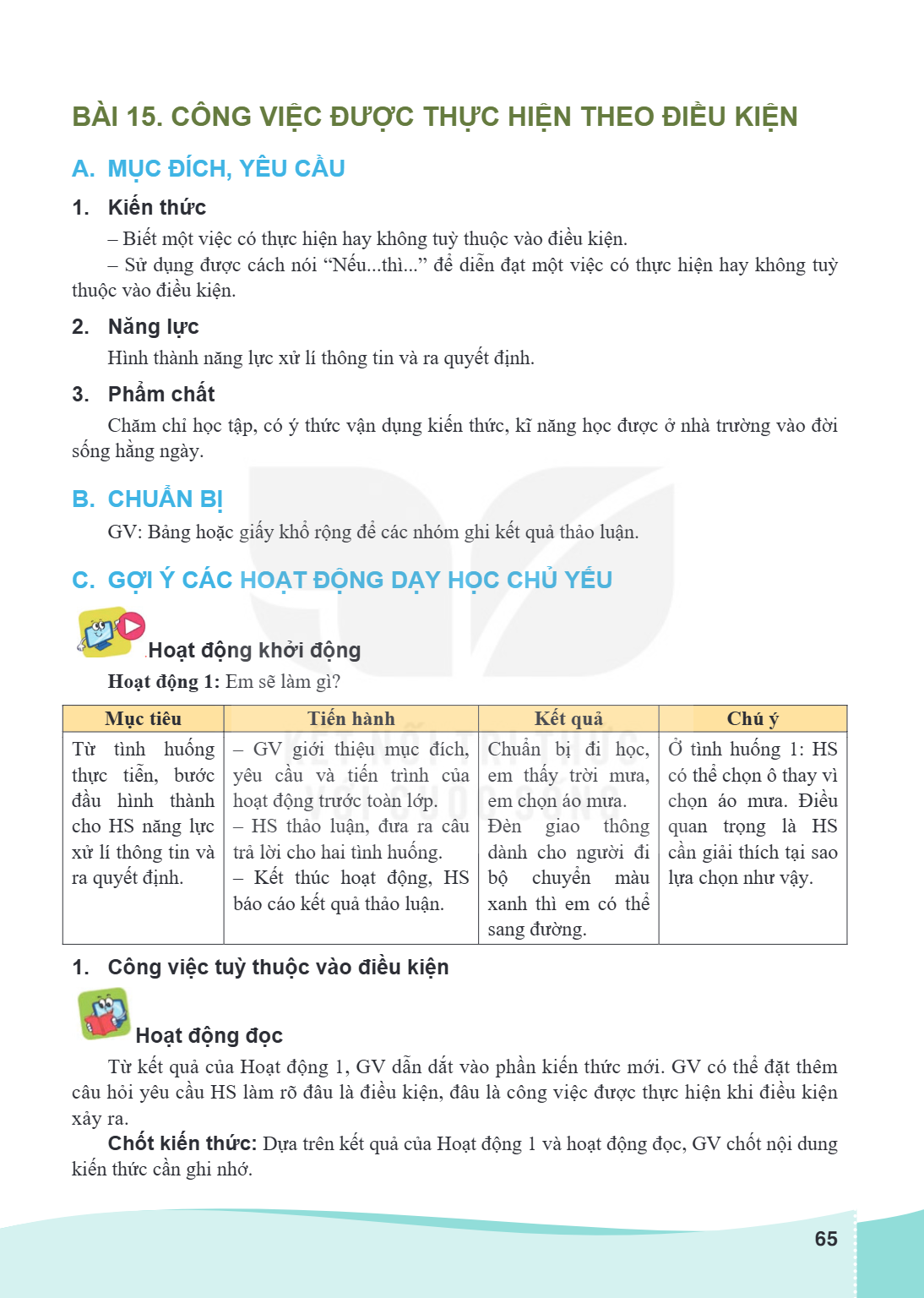 Bài 15. Công việc được thực hiện theo điều kiện A. MỤC ĐÍCH, YÊU CẦU 1. Kiến thức – Biết một việc có thực hiện hay không tuỳ thuộc vào điều kiện. – Sử dụng được