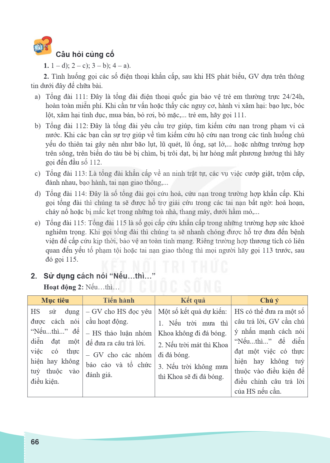 Câu hỏi củng cố 1 – d); 2 – c); 3 – b); 4 – a). 2. Tình huống gọi các số điện thoại khẩn cấp, sau khi HS phát biểu, GV dựa trên thông tin dưới đây để chữa bài. 