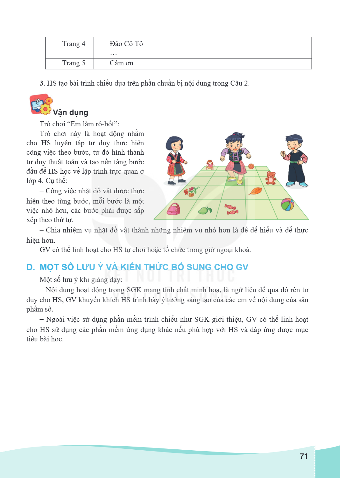 Trang 4, Đảo Cô Tô … Trang 5, Cảm ơn 3. HS tạo bài trình chiếu dựa trên phần chuẩn bị nội dung trong Câu 2. Vận dụng Trò chơi "Em làm rô-bốt": Trò chơi này là h