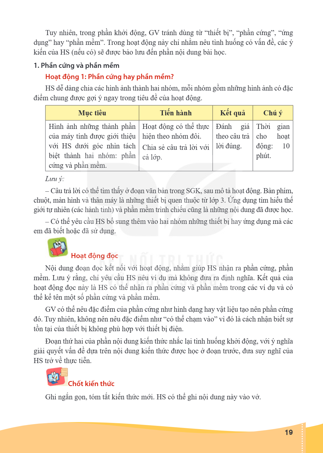 Tuy nhiên, trong phần khởi động, GV tránh dùng từ “thiết bị”, “phần cứng”, “ứng dụng” hay “phần mềm”. Trong hoạt động này chỉ nhằm nêu tình huống có vấn đề, các
