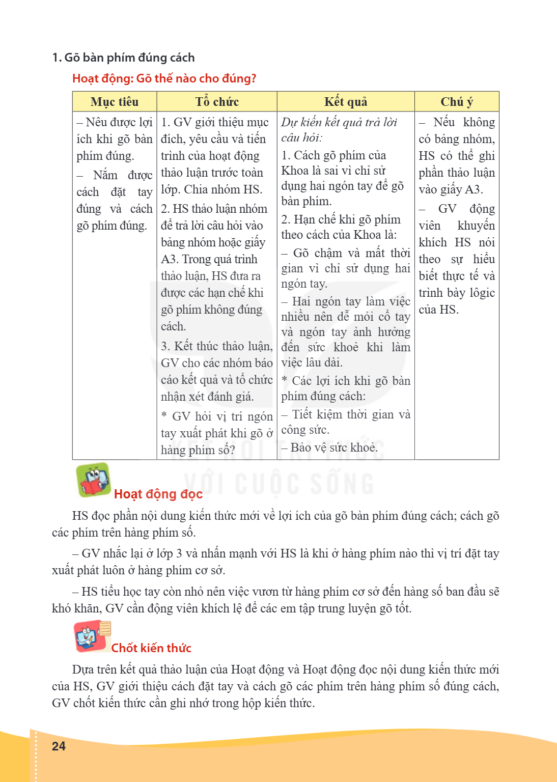 1. Gõ bàn phím đúng cách Hoạt động: Gõ thế nào cho đúng? Mục tiêu, Tổ chức, Kết quả, Chú ý – Nêu được lợi ích khi gõ bàn phím đúng. – Nắm được cách đặt tay đúng