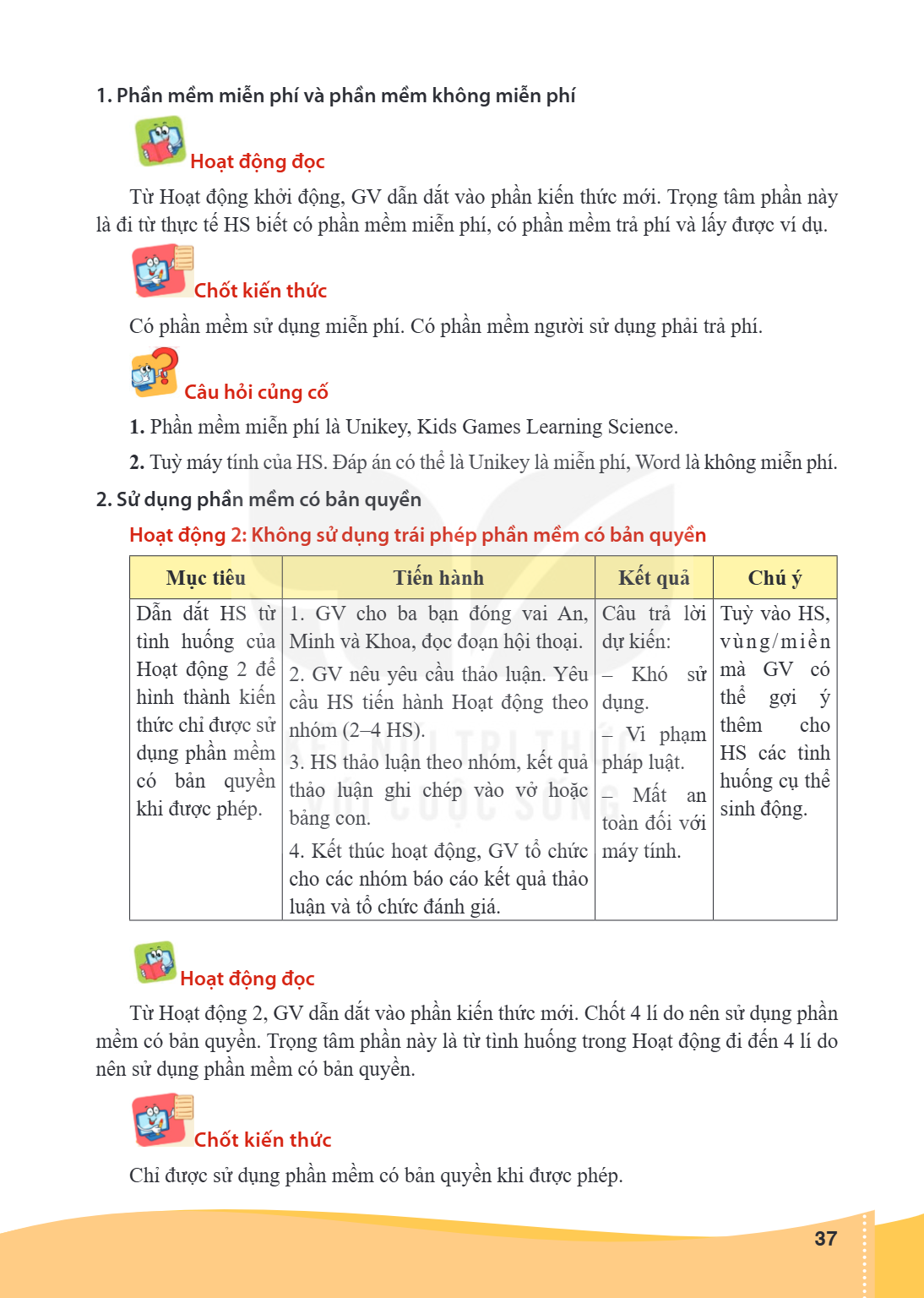 1. Phần mềm miễn phí và phần mềm không miễn phí Hoạt động đọc Từ Hoạt động khởi động, GV dẫn dắt vào phần kiến thức mới. Trọng tâm phần này là đi từ thực tế HS 