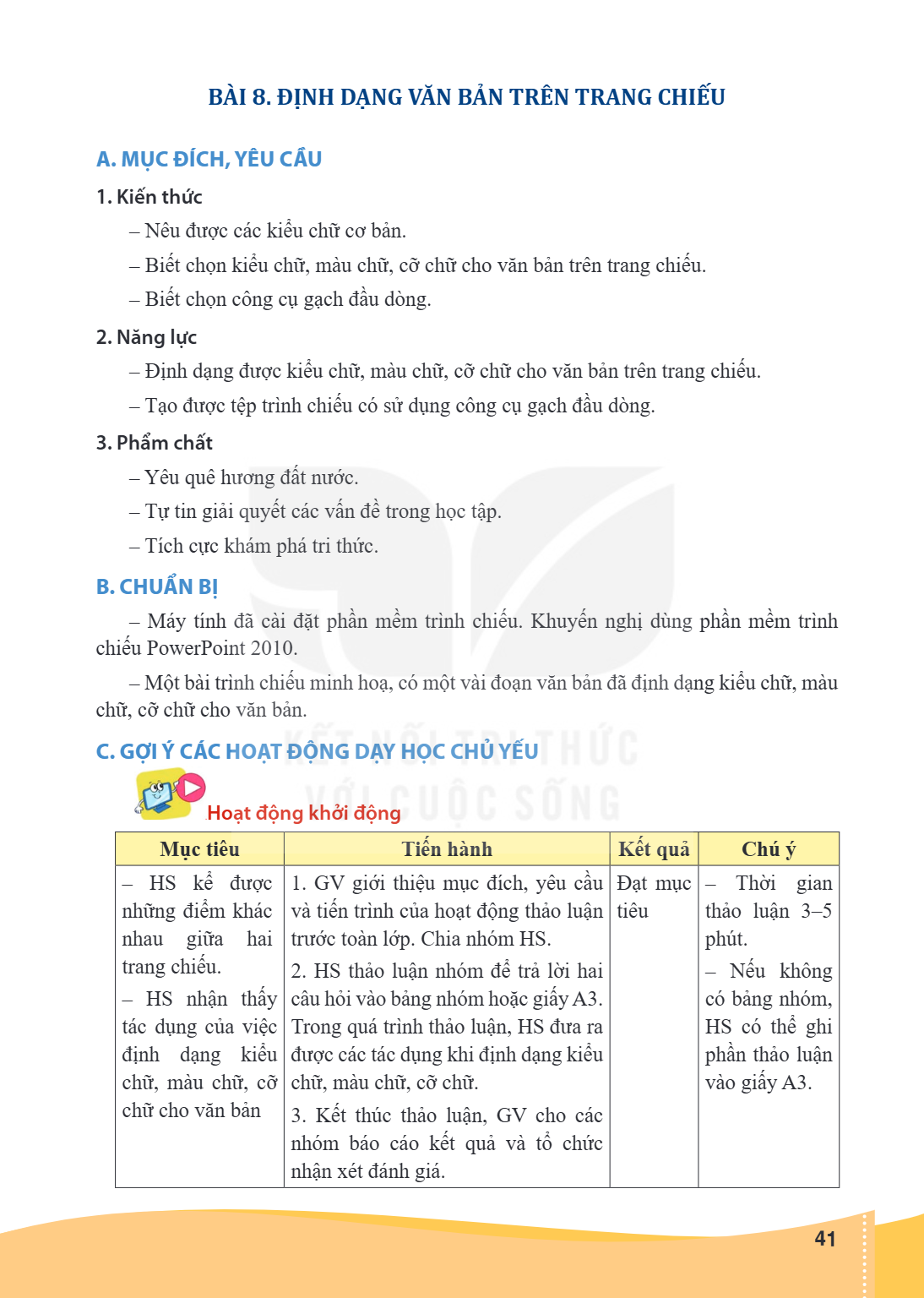 Bài 8. Định dạng văn bản trên trang chiếu A. MỤC ĐÍCH, YÊU CẦU Kiến thức – Nêu được các kiểu chữ cơ bản. – Biết chọn kiểu chữ, màu chữ, cỡ chữ cho văn bản trên 