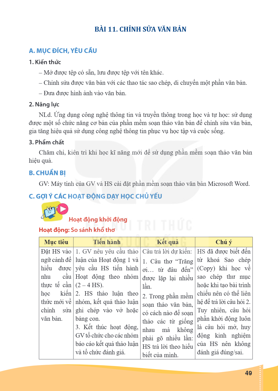 Bài 11. Chỉnh sửa văn bản A. MỤC ĐÍCH, YÊU CẦU 1. Kiến thức – Mở được tệp có sẵn, lưu được tệp với tên khác. – Chỉnh sửa được văn bản với các thao tác sao chép,