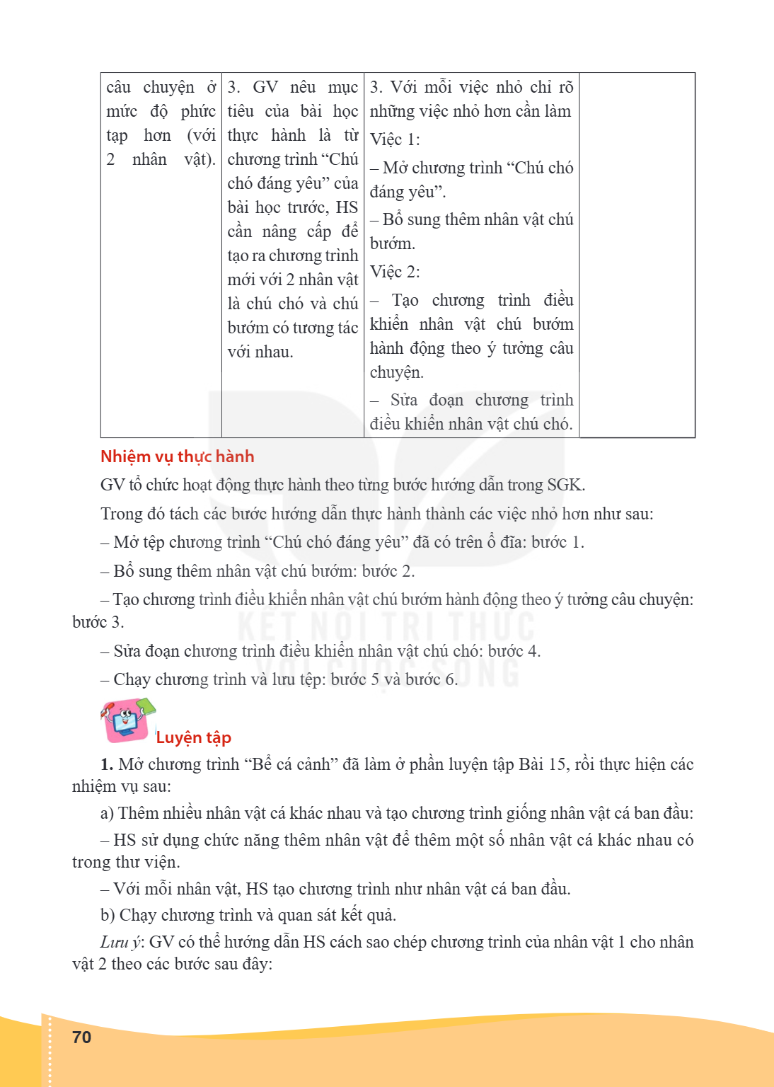 câu chuyện ở mức độ phức tạp hơn (với 2 nhân vật)., 3. GV nêu mục tiêu của bài học thực hành là từ chương trình “Chú chó đáng yêu” của bài học trước, HS cần nân