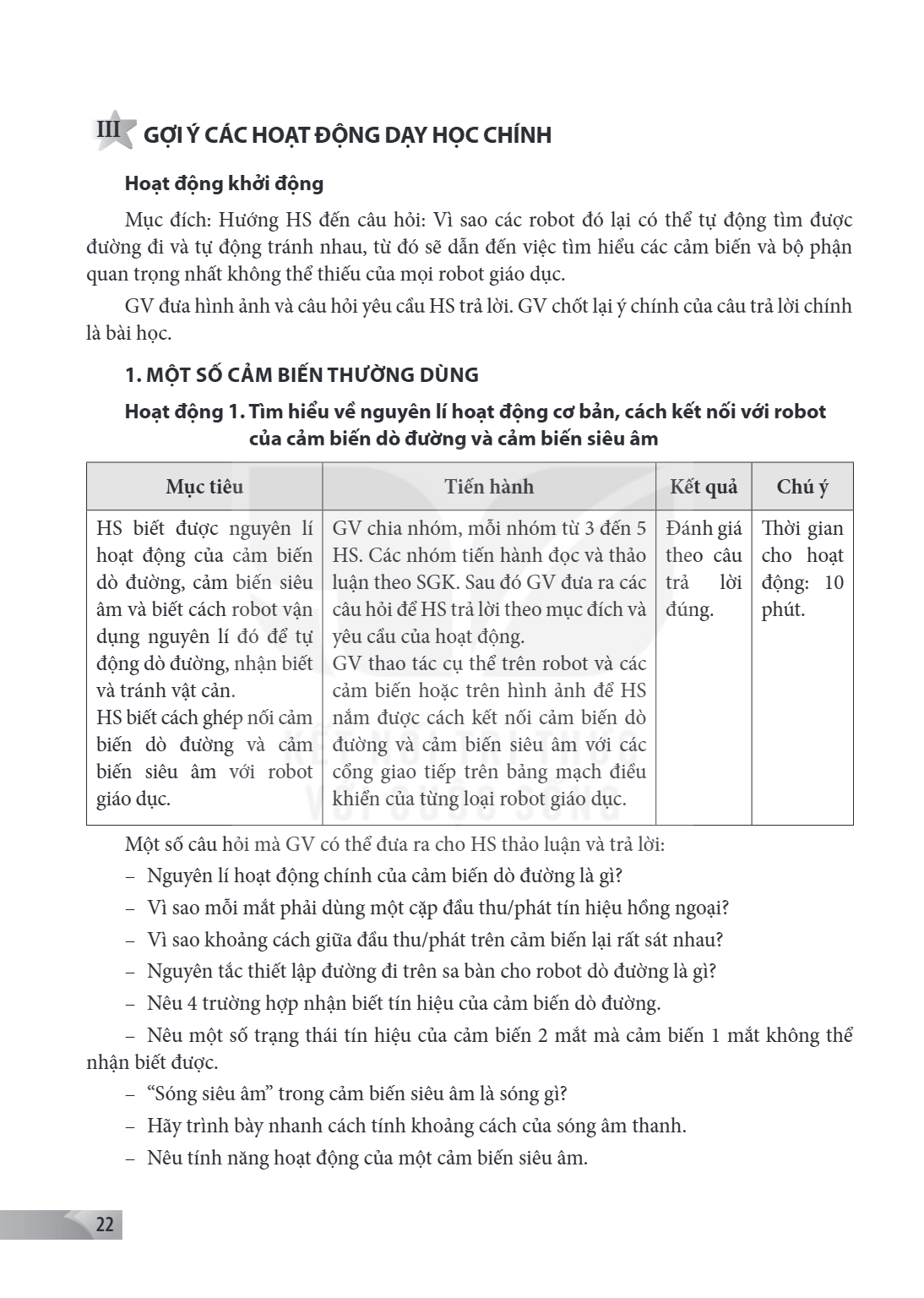 III GỢI Ý CÁC HOẠT ĐỘNG DẠY HỌC CHÍNH Hoạt động khởi động Mục đích: Hướng HS đến câu hỏi: Vì sao các robot đó lại có thể tự động tìm được đường đi và tự động tr