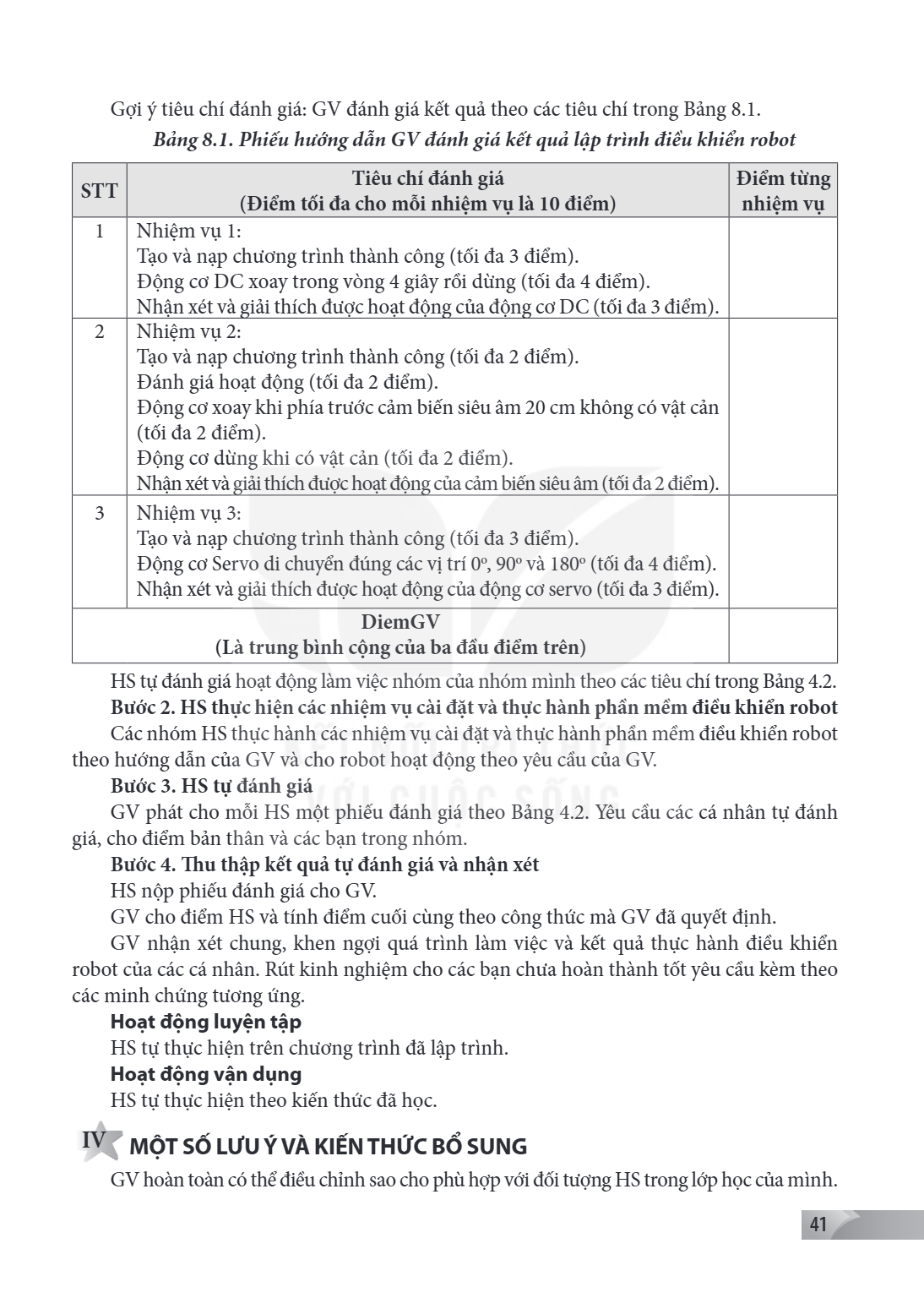 Gợi ý tiêu chí đánh giá: GV đánh giá kết quả theo các tiêu chí trong Bảng 8.1. Bảng 8.1. Phiếu hướng dẫn GV đánh giá kết quả lập trình điều khiển robot STT, Tiê
