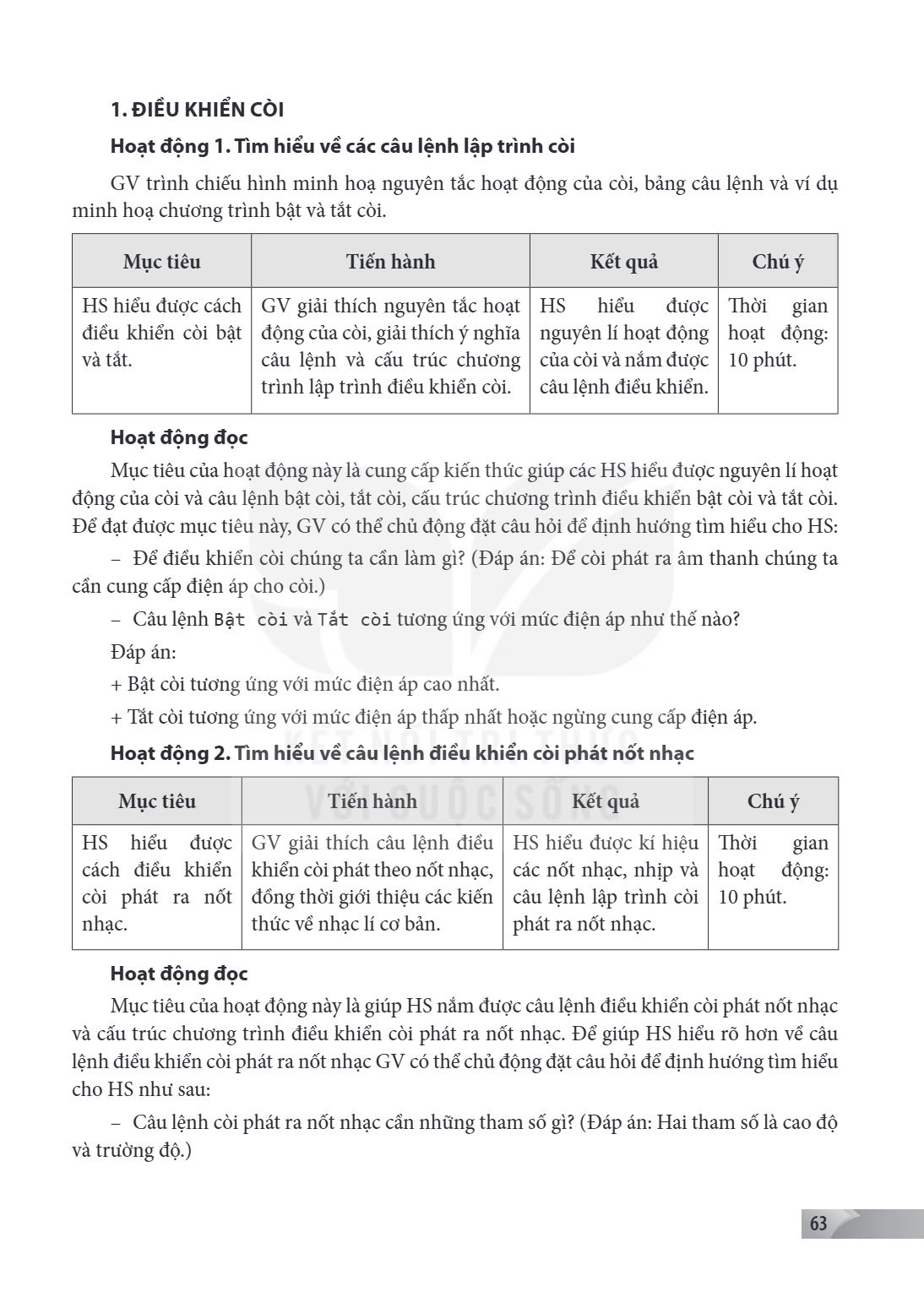 1. ĐIỀU KHIỂN CÒI Hoạt động 1. Tìm hiểu về các câu lệnh lập trình còi GV trình chiếu hình minh hoạ nguyên tắc hoạt động của còi, bảng câu lệnh và ví dụ minh hoạ