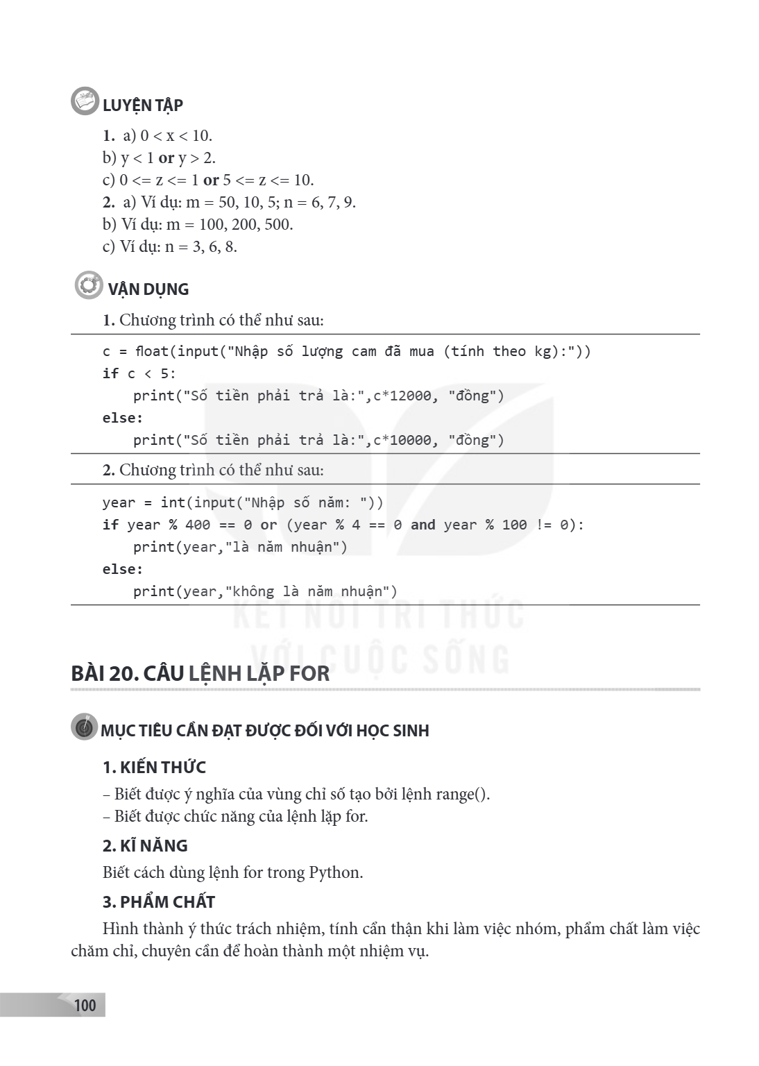 Bài 20. CÂU LỆNH LẶP FOR MỤC TIÊU CẦN ĐẠT ĐƯỢC ĐỐI VỚI HỌC SINH 1. KIẾN THỨC – Biết được ý nghĩa của vùng chỉ số tạo bởi lệnh range(). – Biết được chức năng của