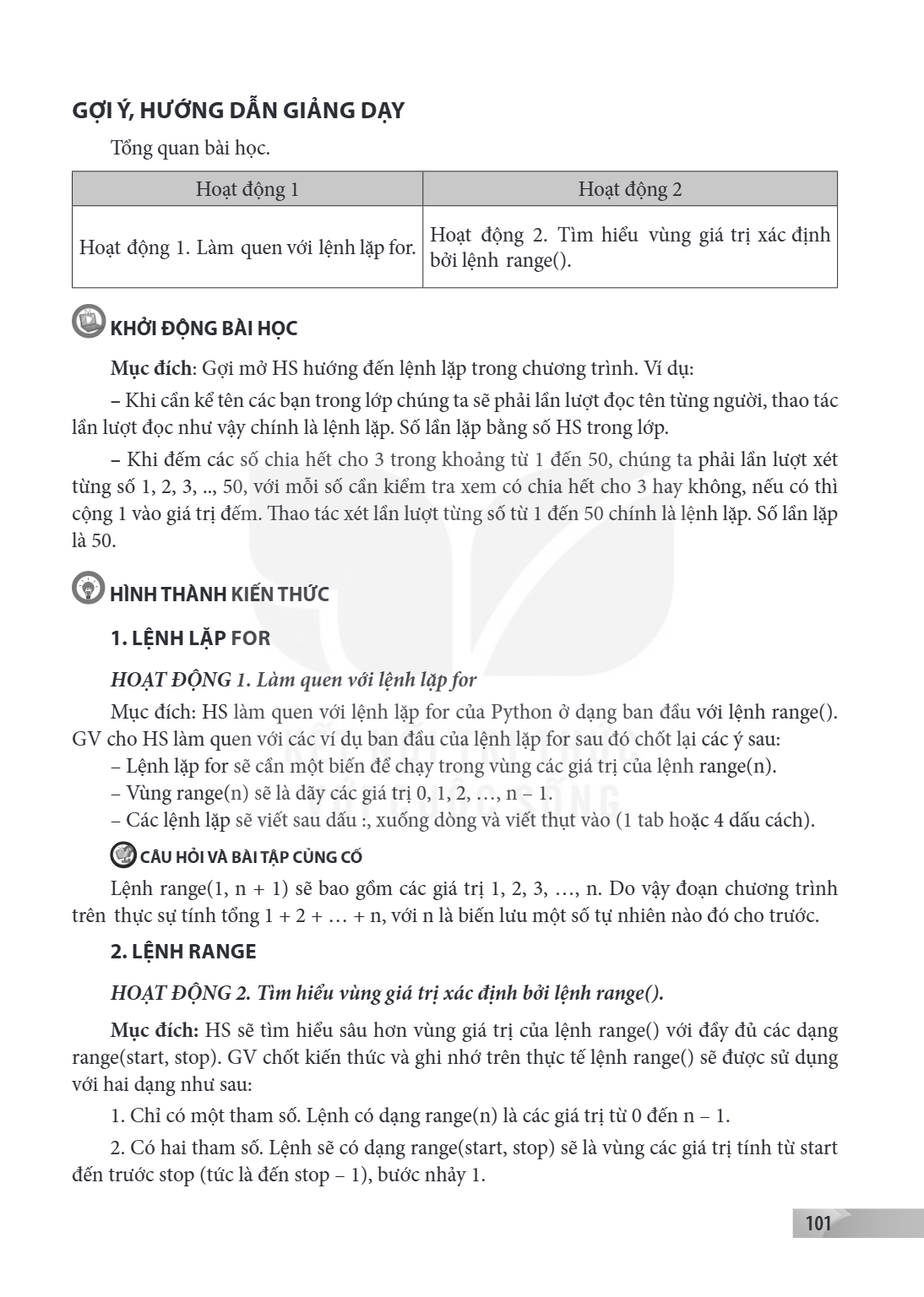GỢI Ý, HƯỚNG DẪN GIẢNG DẠY Tổng quan bài học. Hoạt động 1, Hoạt động 2 Hoạt động 1. Làm quen với lệnh lặp for., Hoạt động 2. Tìm hiểu vùng giá trị xác định bởi 