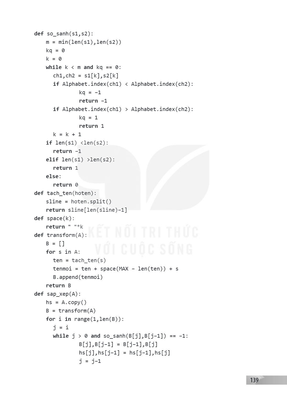 def so_sanh(s1,s2): m = min(len(s1),len(s2)) kq = 0 k = 0 while k < m and kq == 0: ch1,ch2 = s1[k],s2[k] if Alphabet.index(ch1) < Alphabet.index(ch2): kq = -1 r