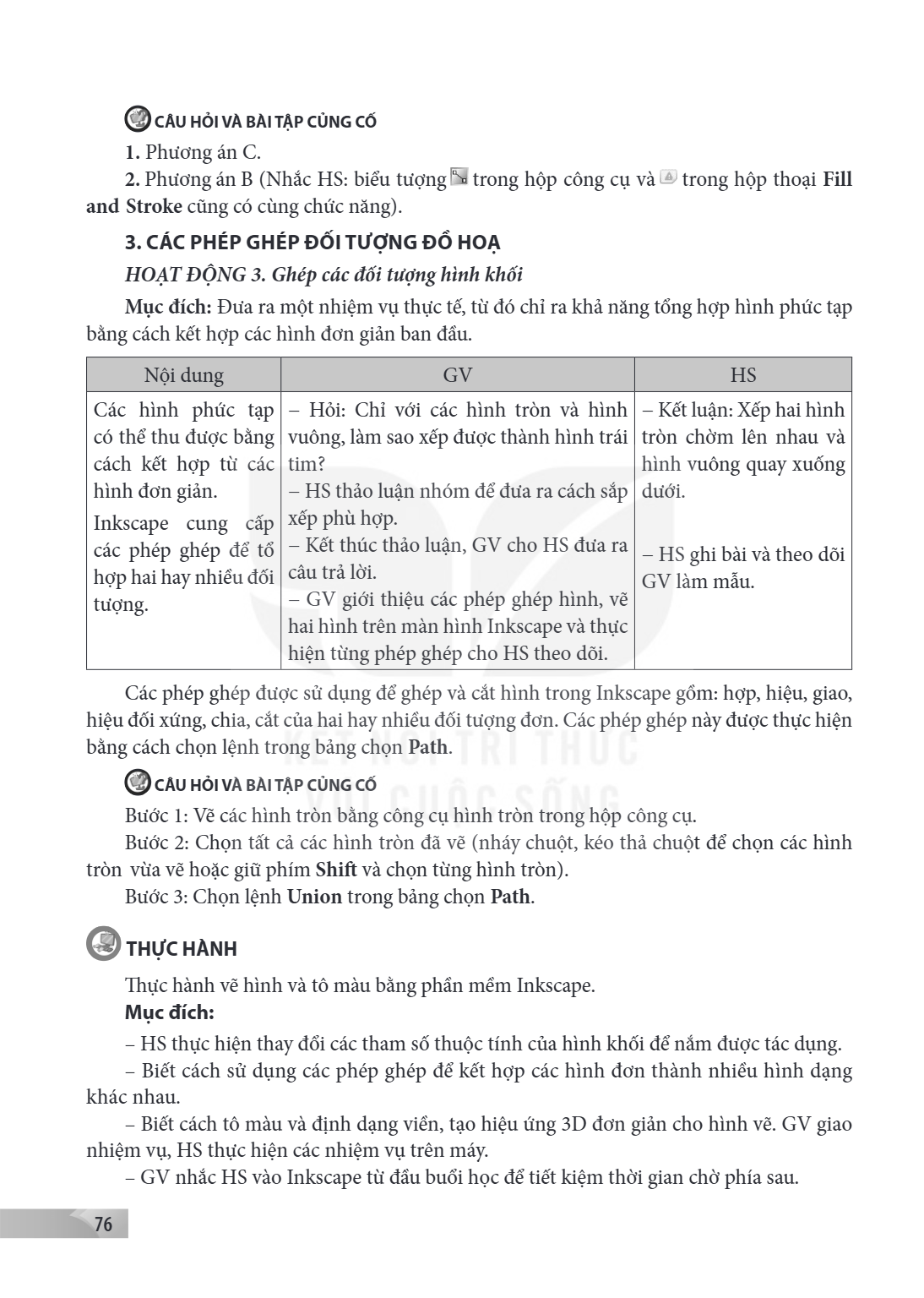 CÂU HỎI VÀ BÀI TẬP CỦNG CỐ Phương án C. Phương án B (Nhắc HS: biểu tượng trong hộp công cụ và trong hộp thoại Fill and Stroke cũng có cùng chức năng). 3. CÁC PH