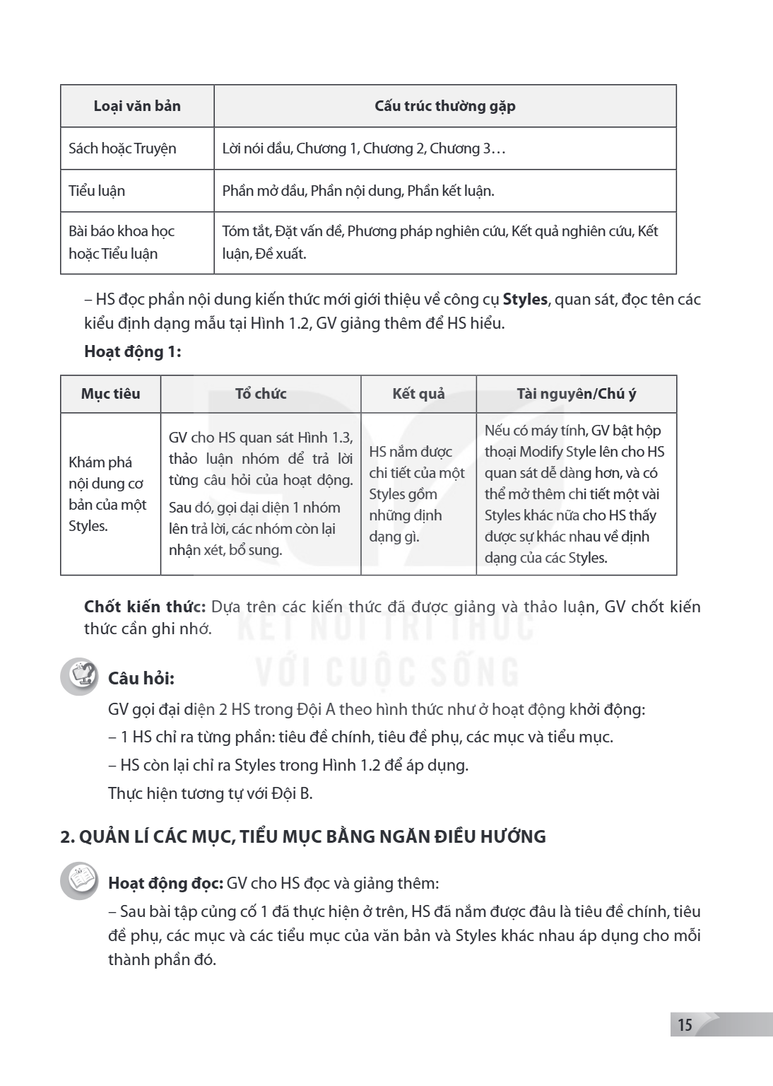 Loại văn bản Sách hoặc Truyện, Lời nói đầu, Chương 1, Chương 2, Chương 3… Tiểu luận, Phần mở đầu, Phần nội dung, Phần kết luận. Bài báo khoa học, Tóm tắt, Đặt v