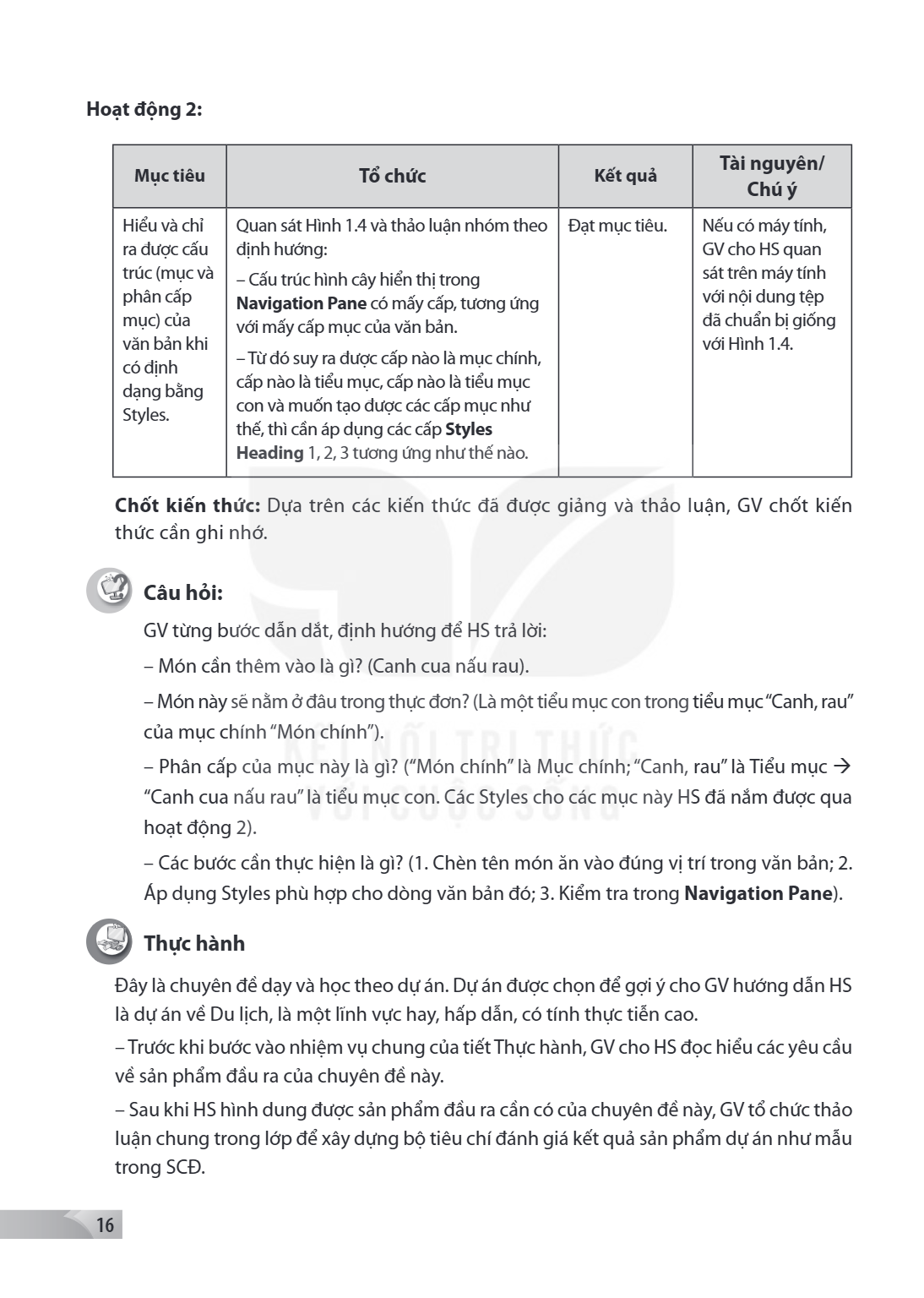 Hoạt động 2: Mục tiêu, Tổ chức, Kết quả, Tài nguyên/ Chú ý Hiểu và chỉ ra được cấu trúc (mục và phân cấp mục) của văn bản khi có định dạng bằng Styles., Quan sá