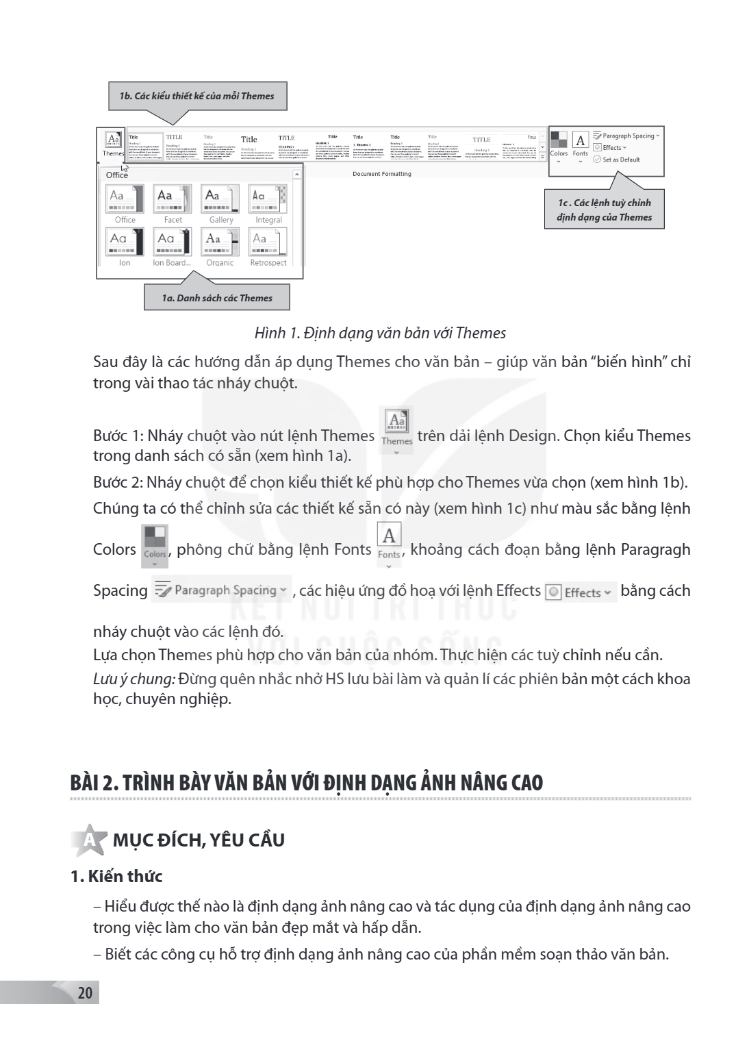 1b. Các kiểu thiết kế của mỗi Themes 1c. Các lệnh tuỳ chỉnh định dạng của Themes 1a. Danh sách các Themes Hình 1. Định dạng văn bản với Themes Sau đây là các hư