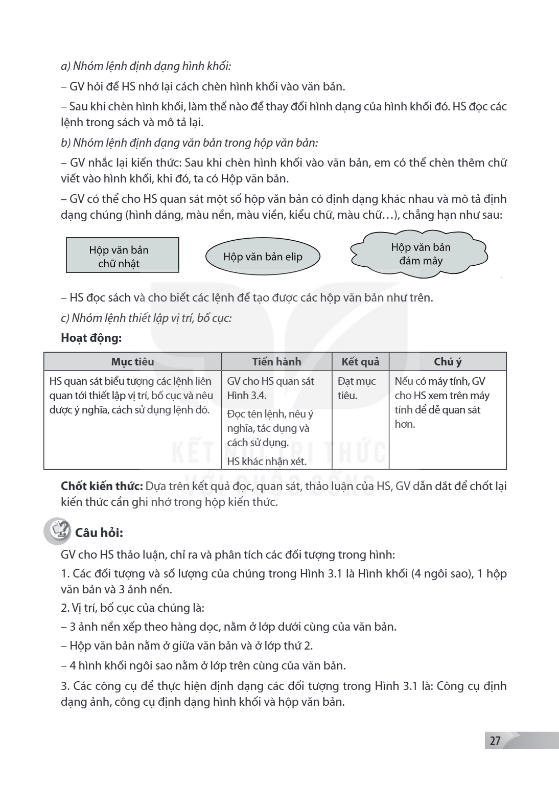 a) Nhóm lệnh định dạng hình khối: - GV hỏi để HS nhớ lại cách chèn hình khối vào văn bản. - Sau khi chèn hình khối, làm thế nào để thay đổi hình dạng của hình k