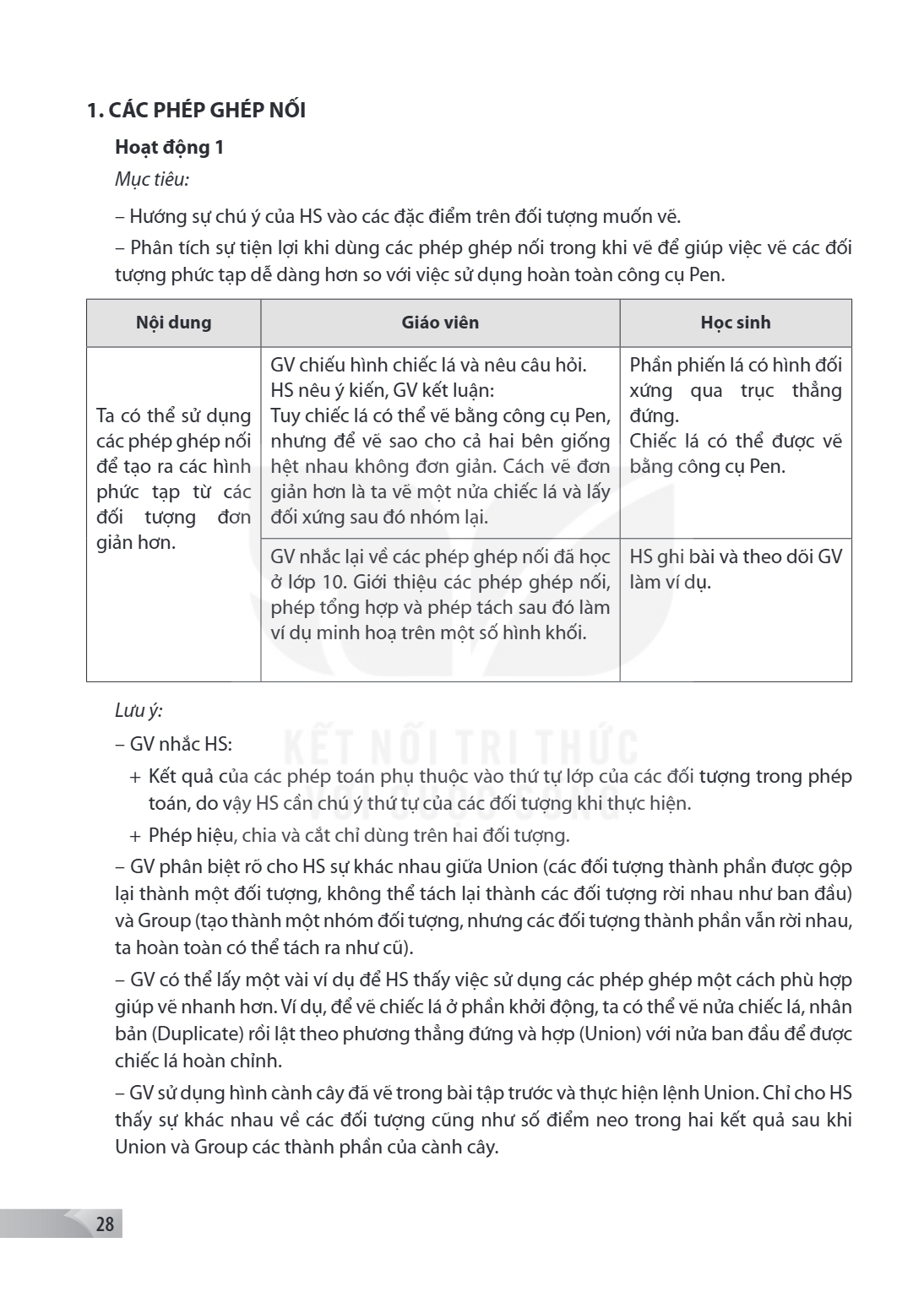 1. CÁC PHÉP GHÉP NỐI Hoạt động 1 Mục tiêu: – Hướng sự chú ý của HS vào các đặc điểm trên đối tượng muốn vẽ. – Phân tích sự tiện lợi khi dùng các phép ghép nối t