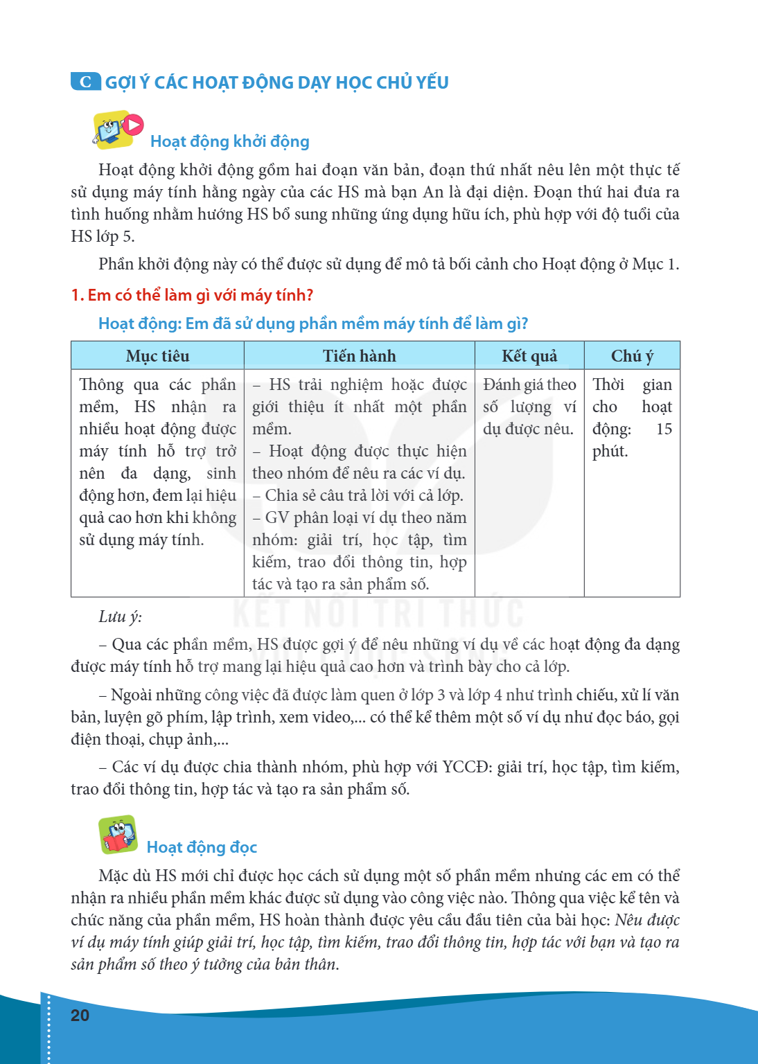 C GỢI Ý CÁC HOẠT ĐỘNG DẠY HỌC CHỦ YẾU Hoạt động khởi động Hoạt động khởi động gồm hai đoạn văn bản, đoạn thứ nhất nêu lên một thực tế sử dụng máy tính hằng ngày