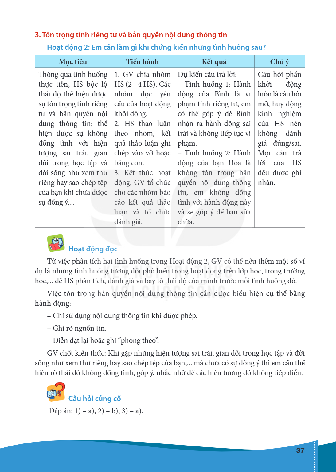 Tôn trọng tính riêng tư và bản quyền nội dung thông tin Hoạt động 2: Em cần làm gì khi chứng kiến những tình huống sau? Mục tiêu, Tiến hành, Kết quả, Chú ý Thôn