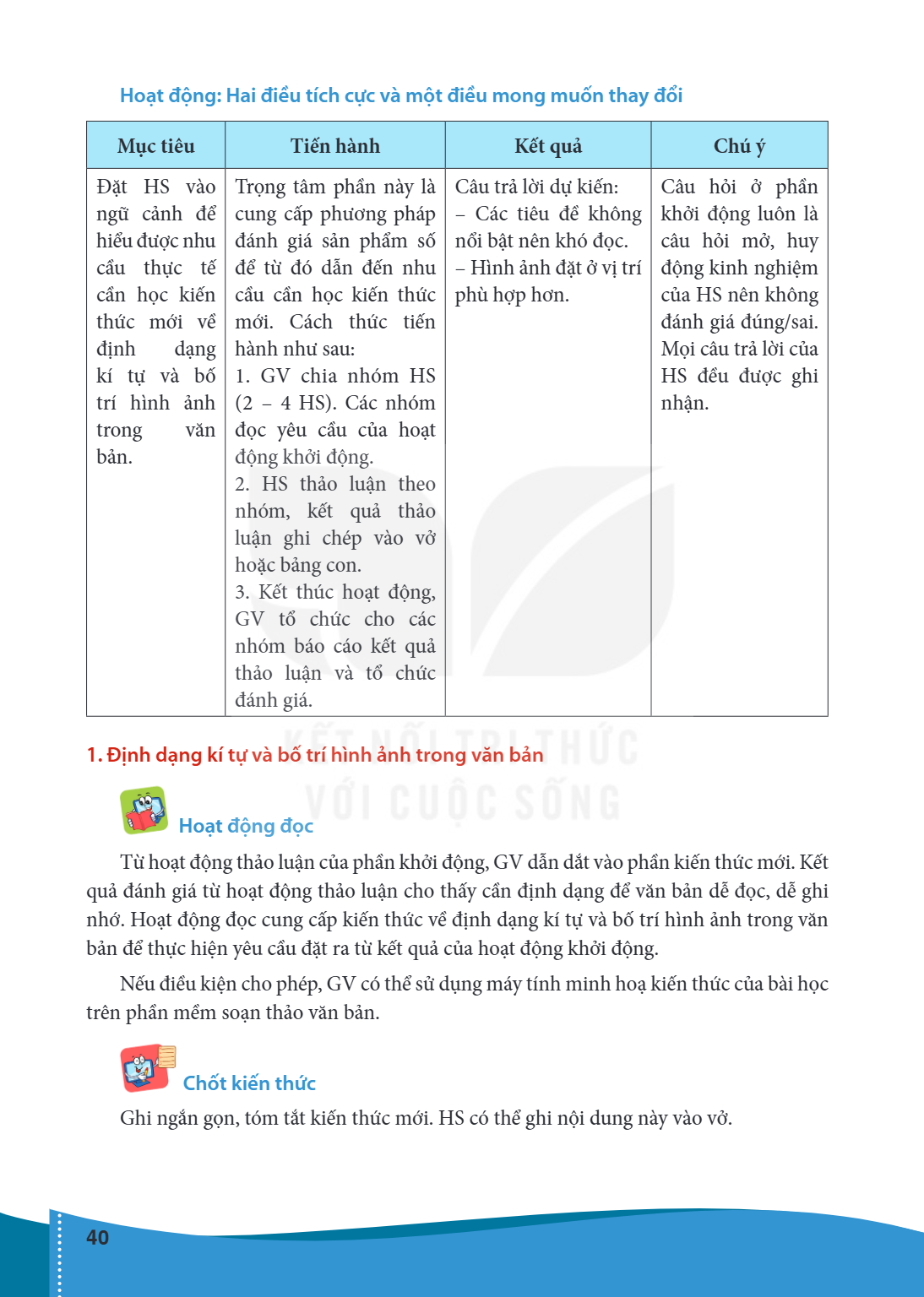 Hoạt động: Hai điều tích cực và một điều mong muốn thay đổi Mục tiêu Tiến hành Đặt HS vào Trọng tâm phần này là Câu trả lời dự kiến: ngữ cảnh để cung cấp phương