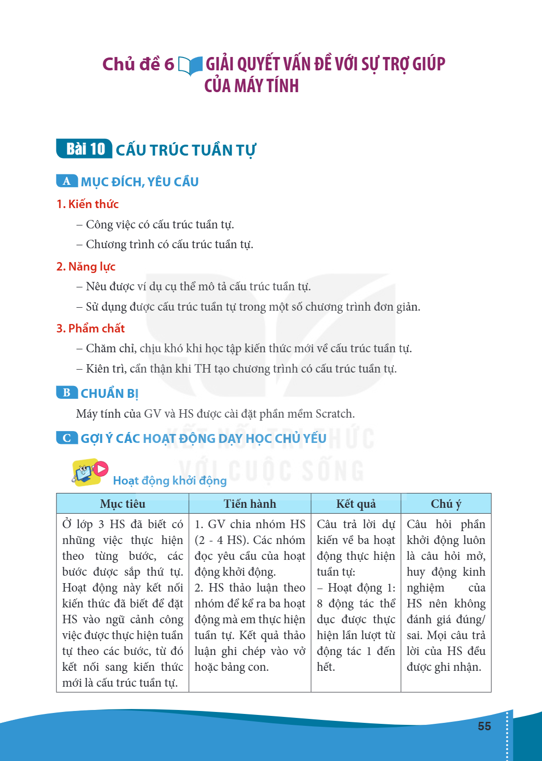 CHỦ ĐỀ 6. GIẢI QUYẾT VẤN ĐỀ VỚI SỰ TRỢ GIÚP CỦA MÁY TÍNH BÀI 10. CẤU TRÚC TUẦN TỰ A MỤC ĐÍCH, YÊU CẦU 1. Kiến thức – Công việc có cấu trúc tuần tự. – Chương trì