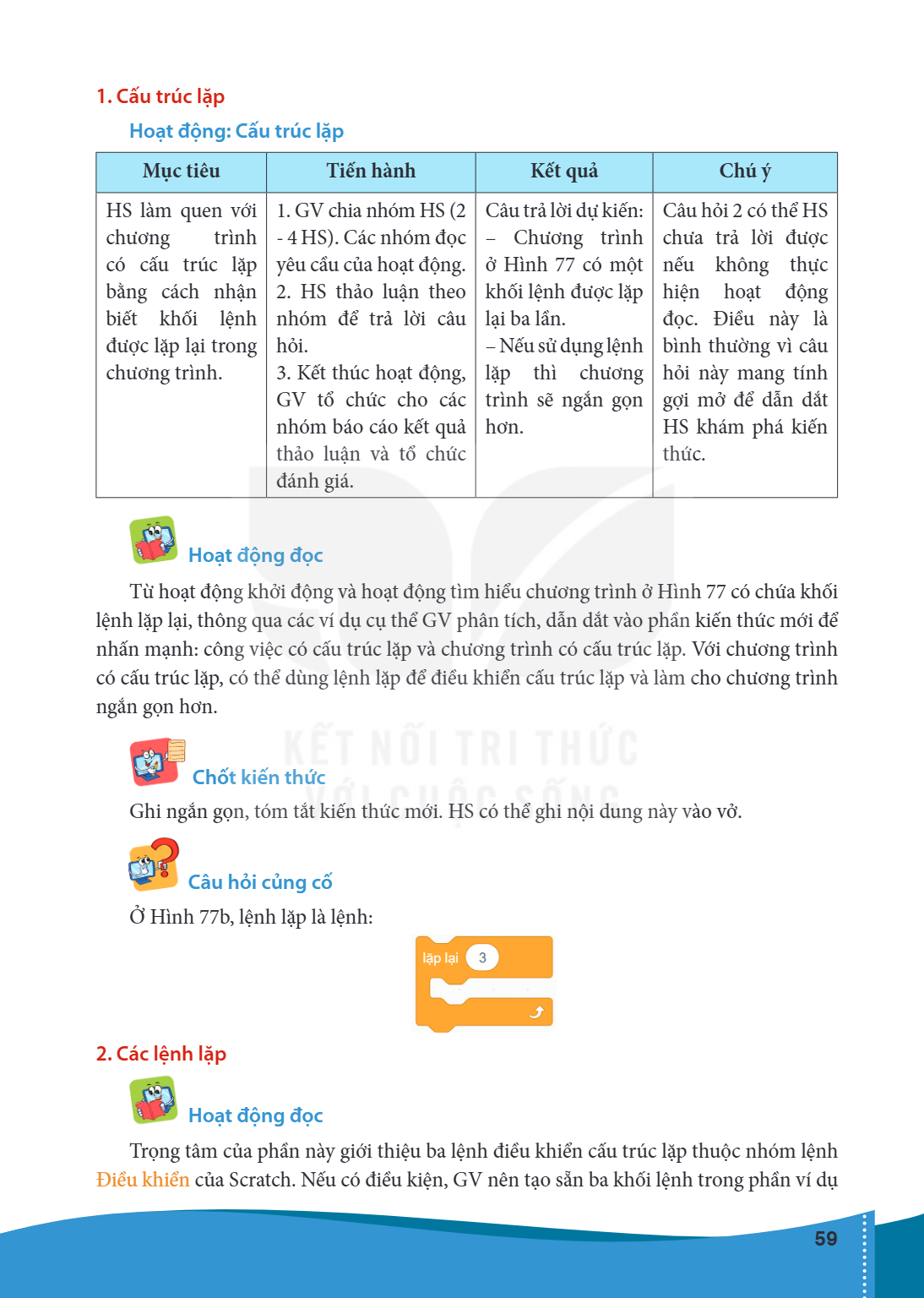 1. Cấu trúc lặp Hoạt động: Cấu trúc lặp Mục tiêu, Tiến hành, Kết quả, Chú ý HS làm quen với chương trình có cấu trúc lặp bằng cách nhận biết khối lệnh được lặp 