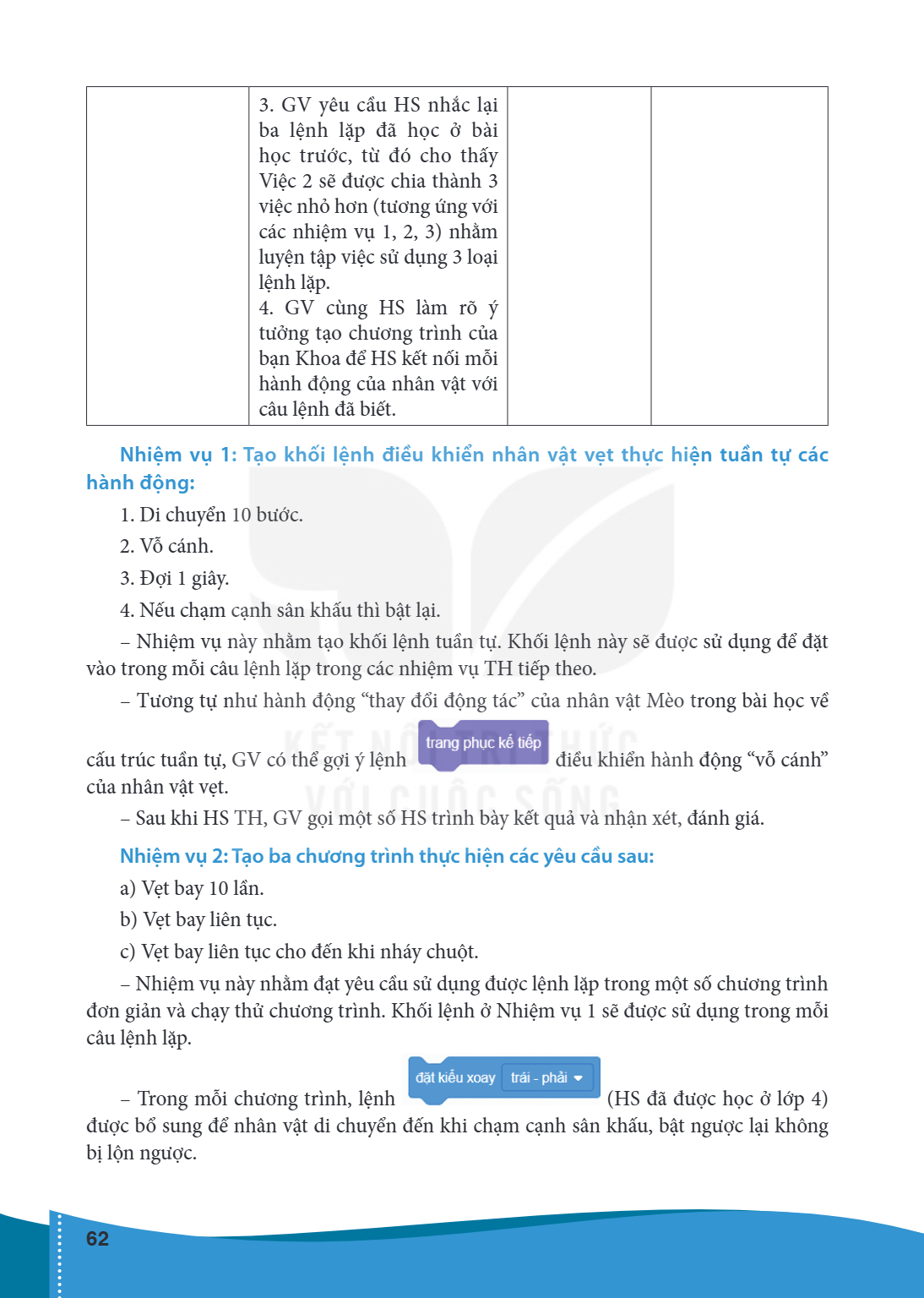 GV yêu cầu HS nhắc lại ba lệnh lặp đã học ở bài học trước, từ đó cho thấy Việc 2 sẽ được chia thành 3 việc nhỏ hơn (tương ứng với các nhiệm vụ 1, 2, 3) nhằm luy