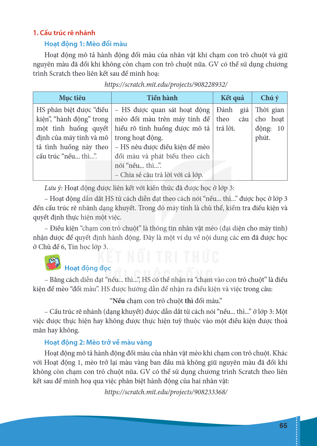 1. Cấu trúc rẽ nhánh Hoạt động 1: Mèo đổi màu Hoạt động mô tả hành động đổi màu của nhân vật khi chạm con trỏ chuột và giữ nguyên màu đã đổi khi không còn chạm 