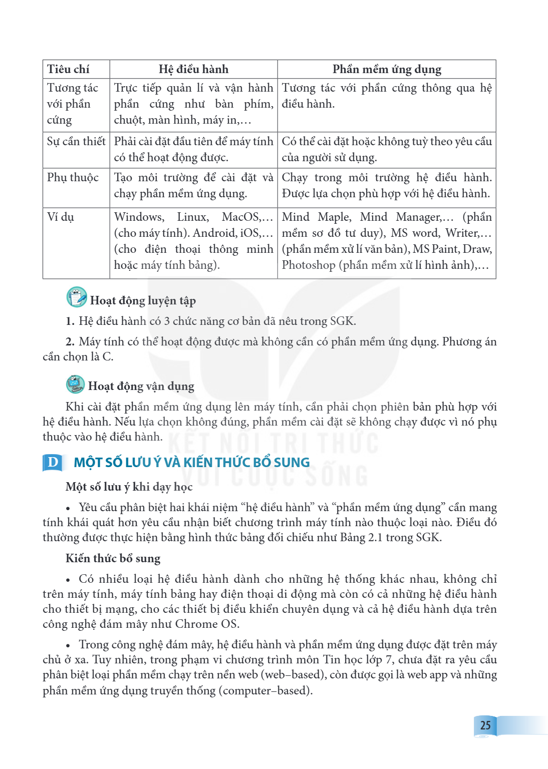 Tiêu chí, Hệ điều hành, Phần mềm ứng dụng Tương tác với phần cứng, Trực tiếp quản lí và vận hành phần cứng như bàn phím, chuột, màn hình, máy in,..., Tương tác 