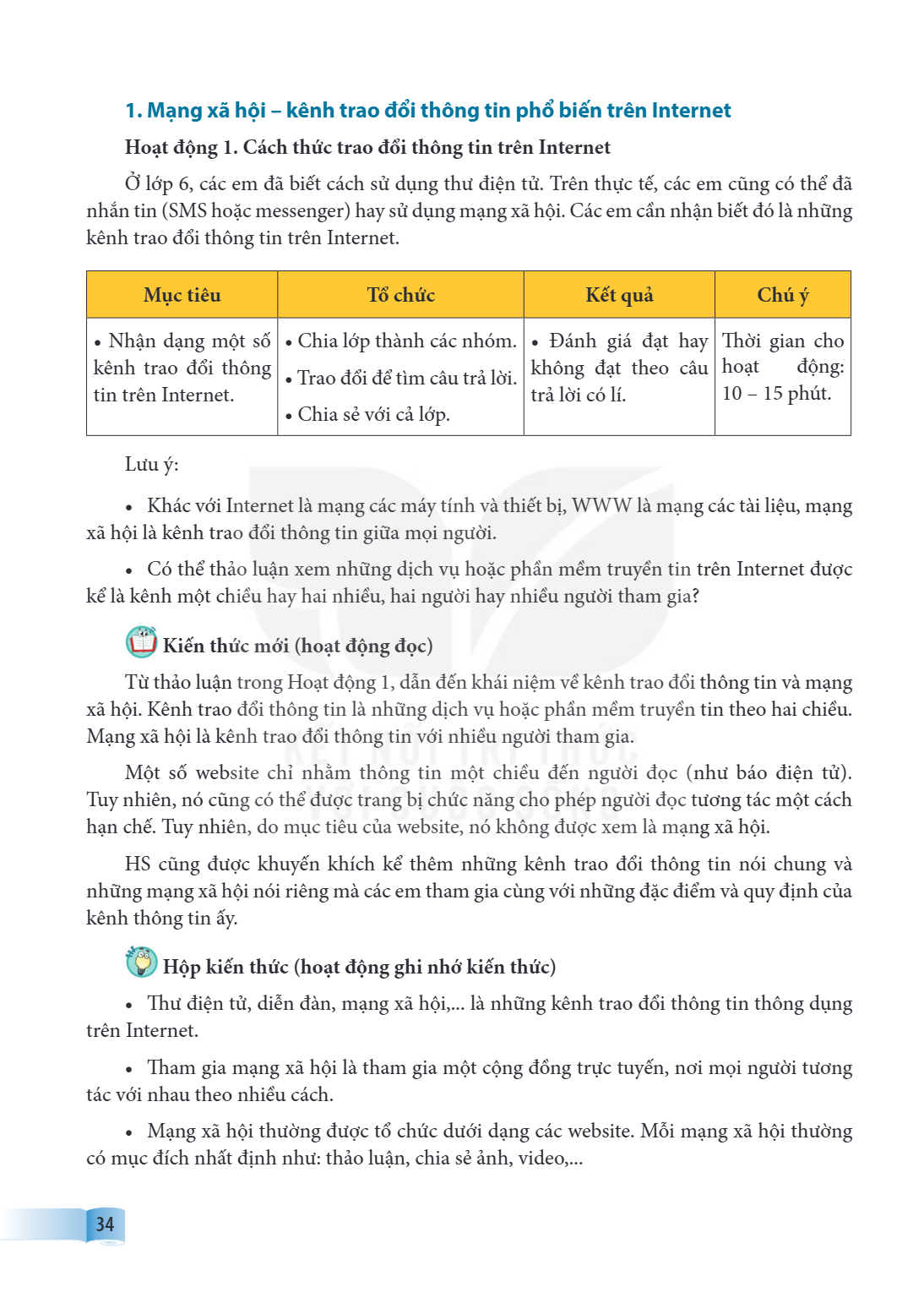 1. Mạng xã hội – kênh trao đổi thông tin phổ biến trên Internet Hoạt động 1. Cách thức trao đổi thông tin trên Internet Ở lớp 6, các em đã biết cách sử dụng thư