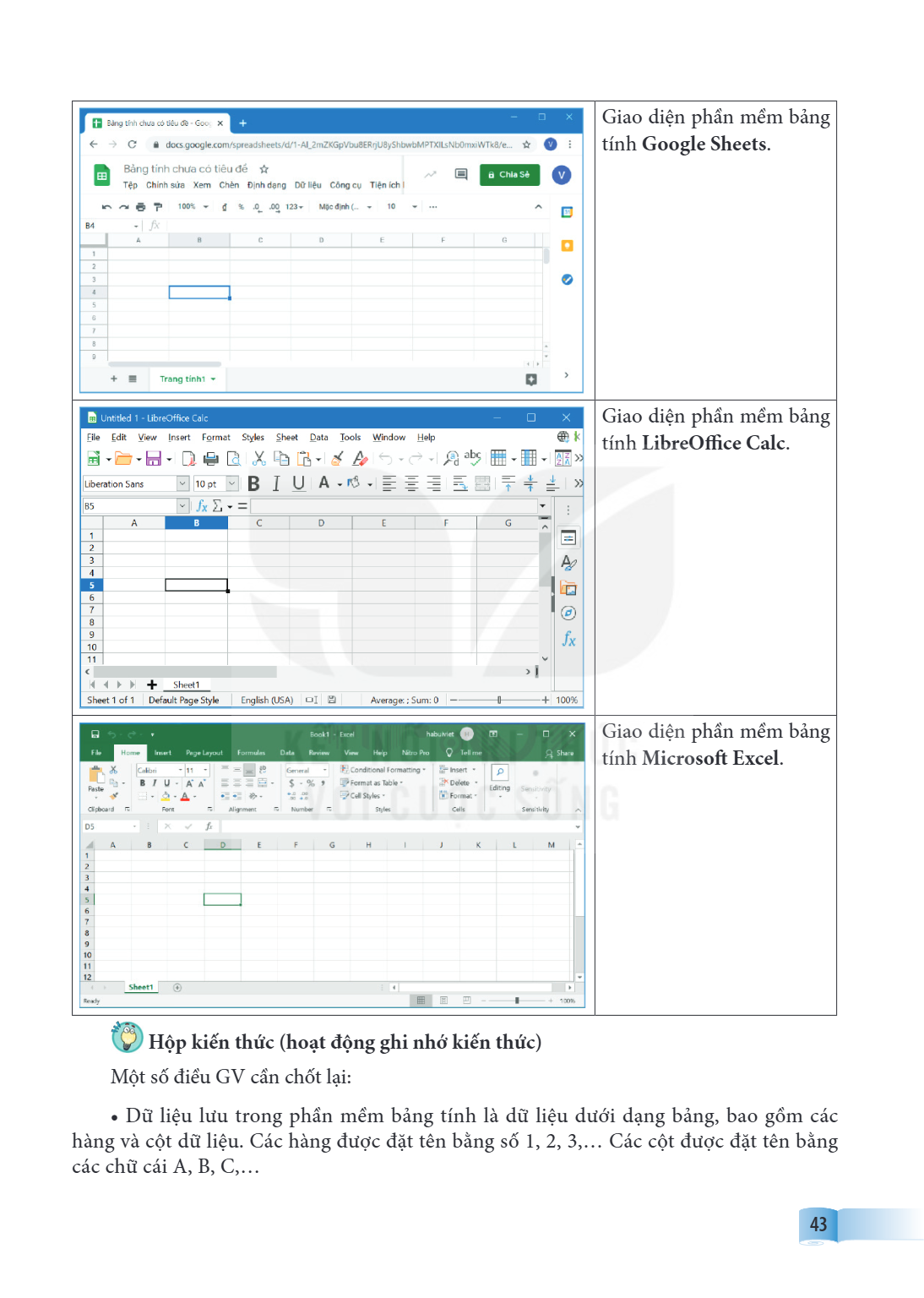 Giao diện phần mềm bảng tính Google Sheets. Giao diện phần mềm bảng tính LibreOffice Calc. Giao diện phần mềm bảng tính Microsoft Excel. **Hộp kiến thức (hoạt đ