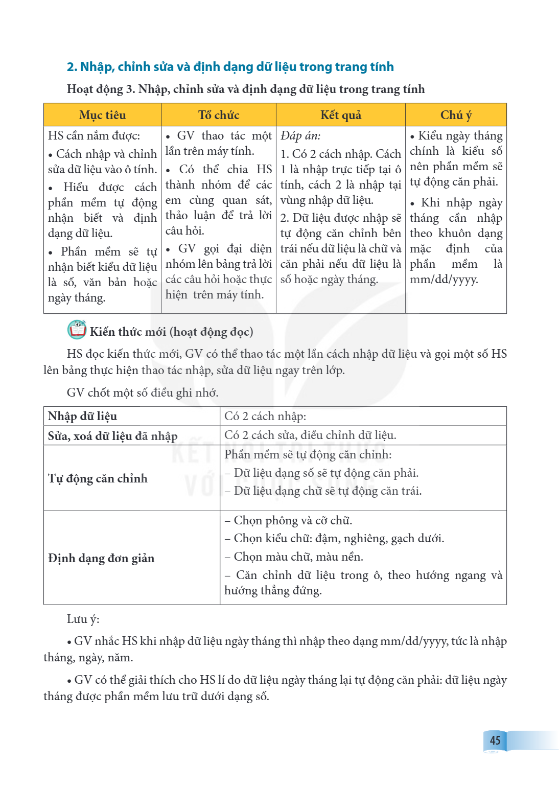 2. Nhập, chỉnh sửa và định dạng dữ liệu trong trang tính Hoạt động 3. Nhập, chỉnh sửa và định dạng dữ liệu trong trang tính Mục tiêu, Tổ chức, Kết quả, Chú ý HS