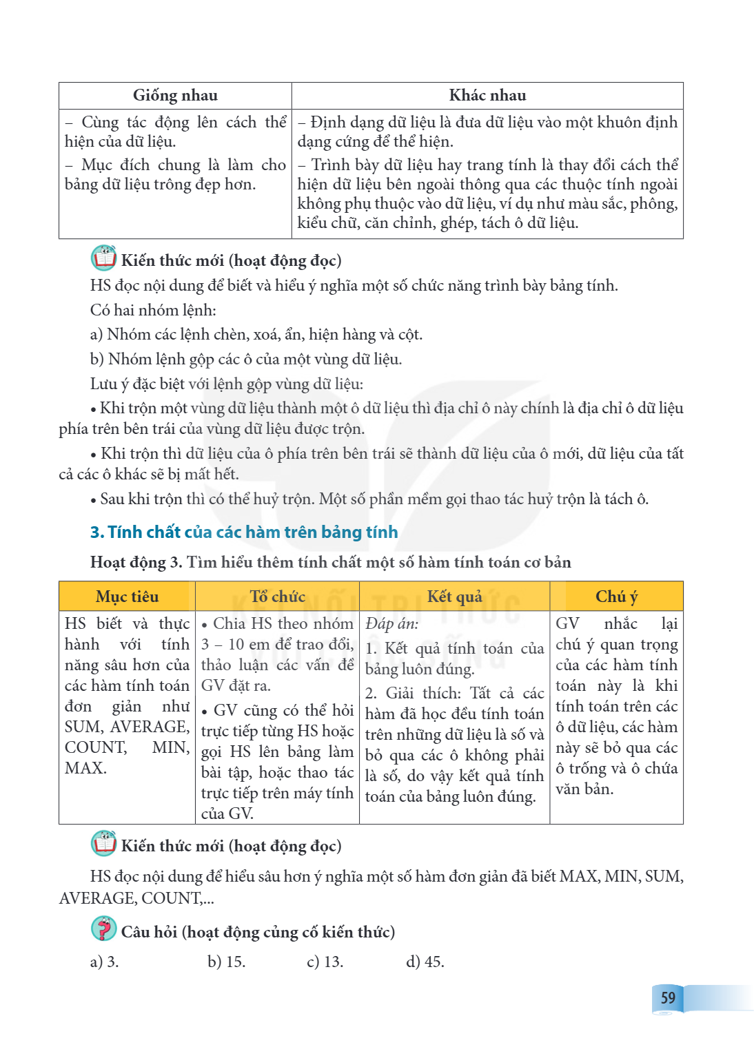 Giống nhau, Khác nhau – Cùng tác động lên cách thể hiện của dữ liệu. – Mục đích chung là làm cho bảng dữ liệu trông đẹp hơn., – Định dạng dữ liệu là đưa dữ liệu