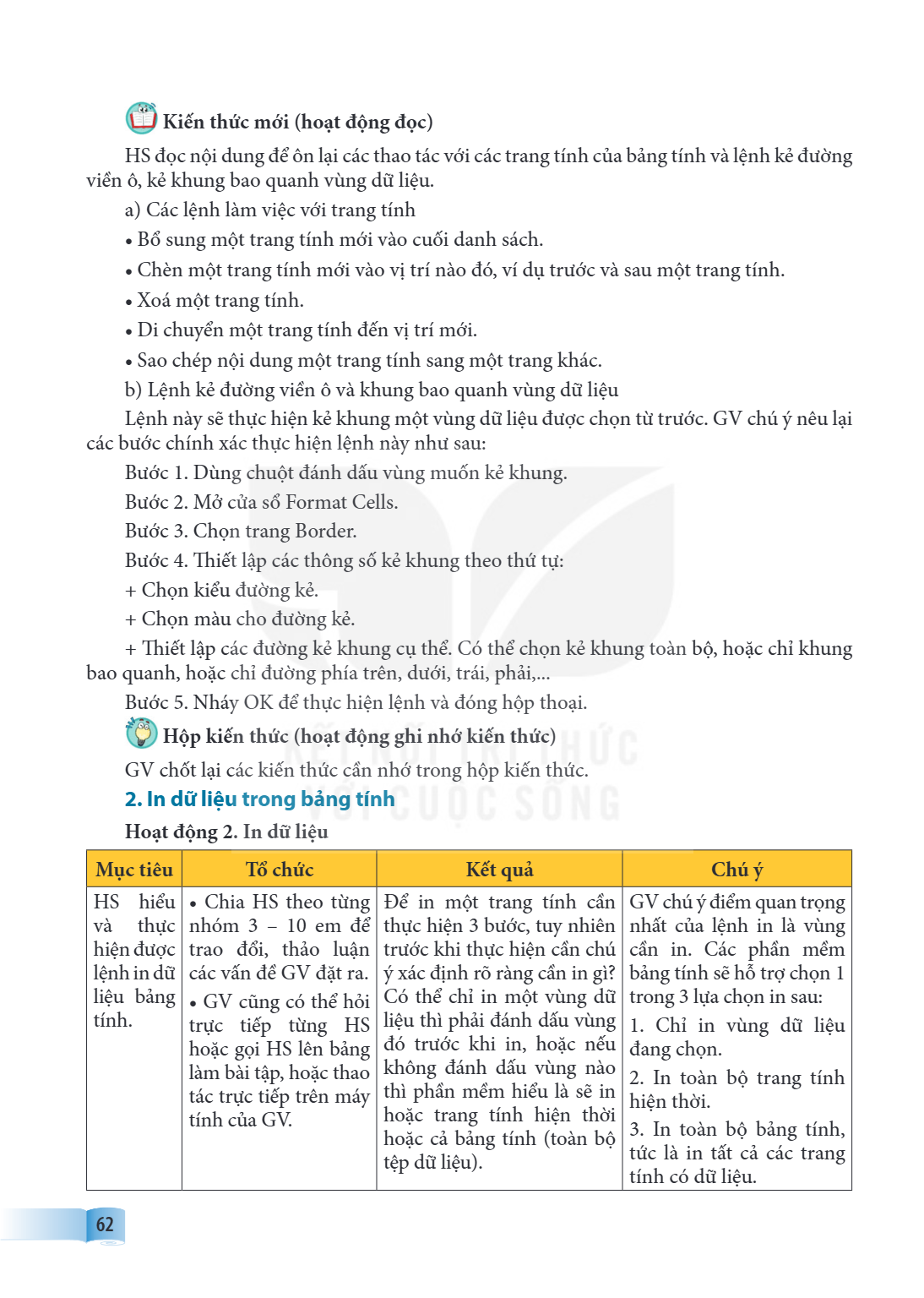 Kiến thức mới (hoạt động đọc) HS đọc nội dung để ôn lại các thao tác với các trang tính của bảng tính và lệnh kẻ đường viền ô, kẻ khung bao quanh vùng dữ liệu. 