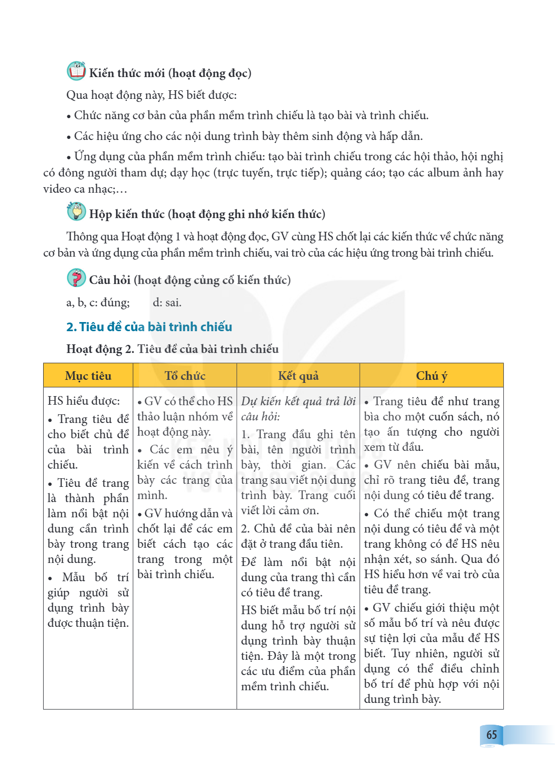Kiến thức mới (hoạt động đọc) Qua hoạt động này, HS biết được: Chức năng cơ bản của phần mềm trình chiếu là tạo bài và trình chiếu. Các hiệu ứng cho các nội dun