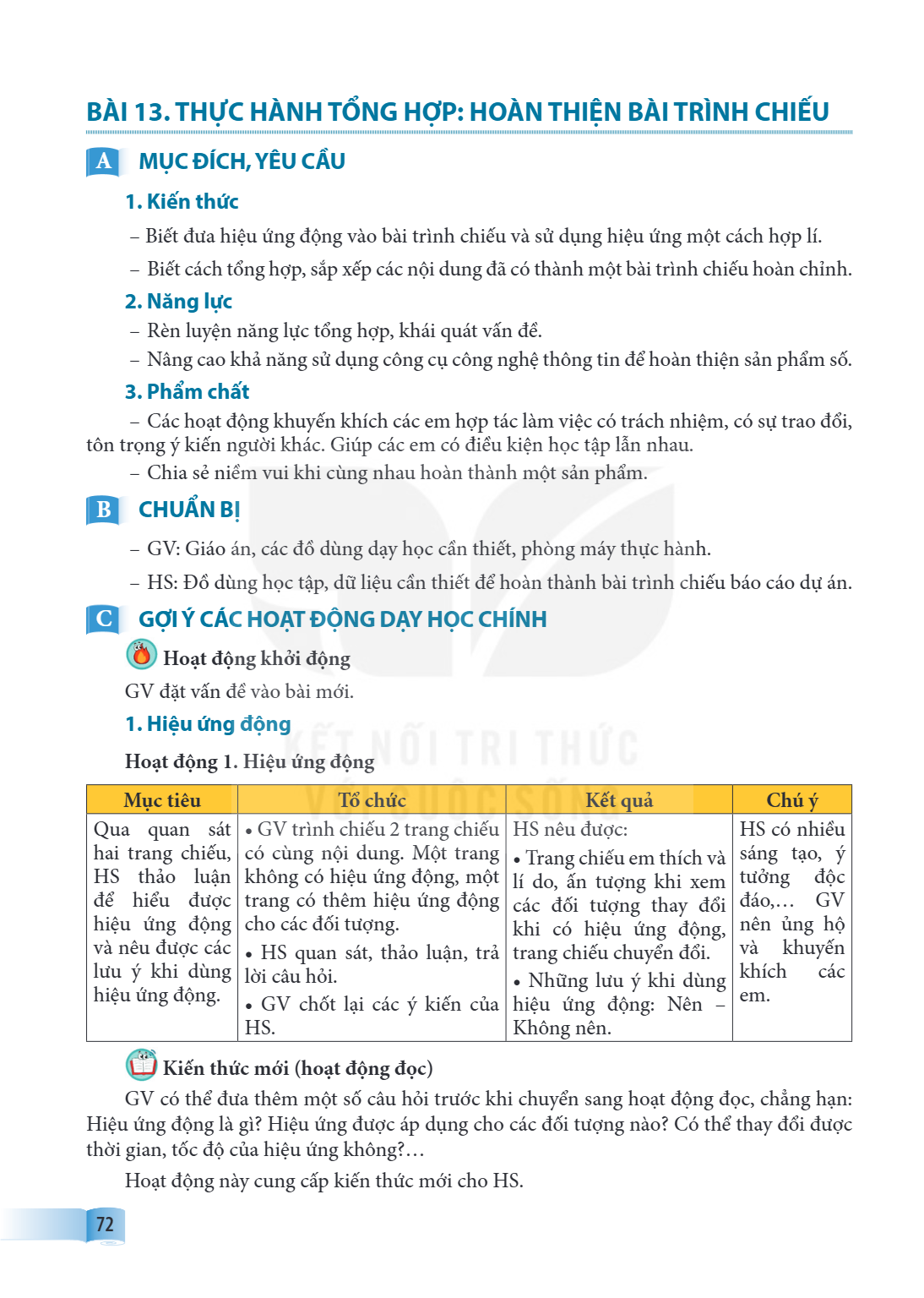 Bài 13. Thực hành tổng hợp: Hoàn thiện bài trình chiếu A MỤC ĐÍCH, YÊU CẦU 1. Kiến thức Biết đưa hiệu ứng động vào bài trình chiếu và sử dụng hiệu ứng một cách 