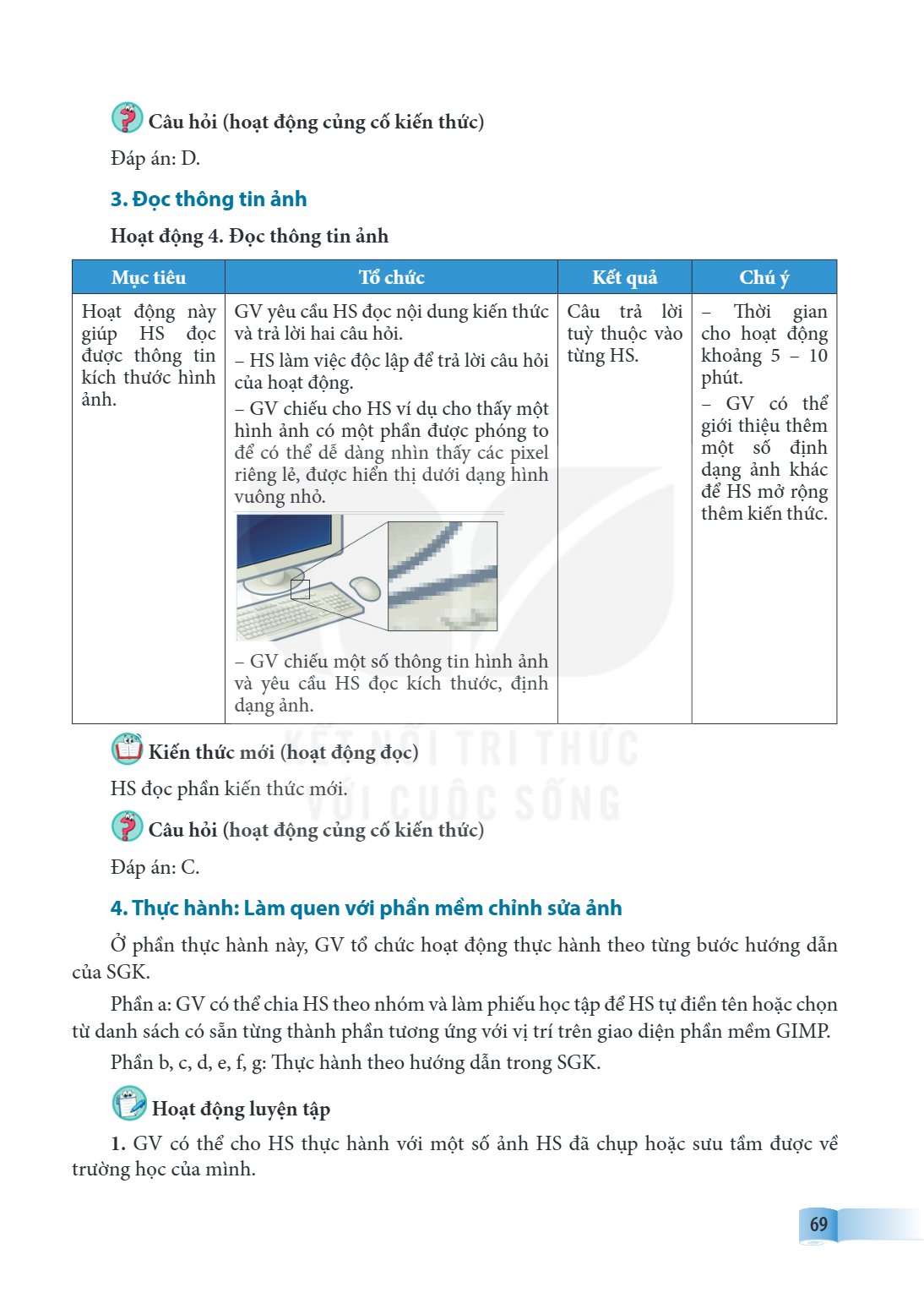 Câu hỏi (hoạt động củng cố kiến thức) Đáp án: D. 3. Đọc thông tin ảnh Hoạt động 4. Đọc thông tin ảnh Mục tiêu, Tổ chức, Kết quả, Chú ý Hoạt động này giúp HS đọc