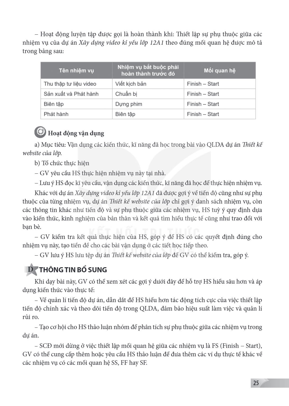 Hoạt động luyện tập được gọi là hoàn thành khi: Th iết lập sự phụ thuộc giữa các nhiệm vụ của dự án Xây dựng video kỉ yếu lớp 12A1 theo đúng mối quan hệ được mô