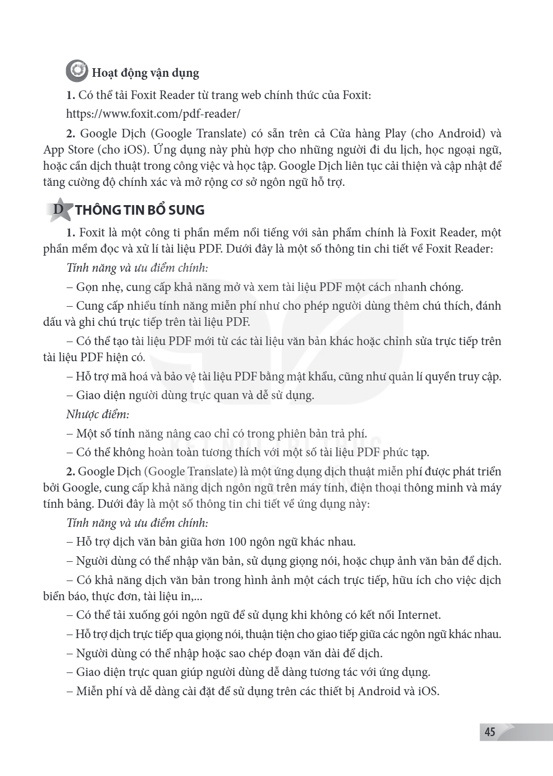Hoạt động vận dụng 1. Có thể tải Foxit Reader từ trang web chính thức của Foxit: https://www.foxit.com/pdf-reader/ Google Dịch (Google Translate) có sẵn trên cả